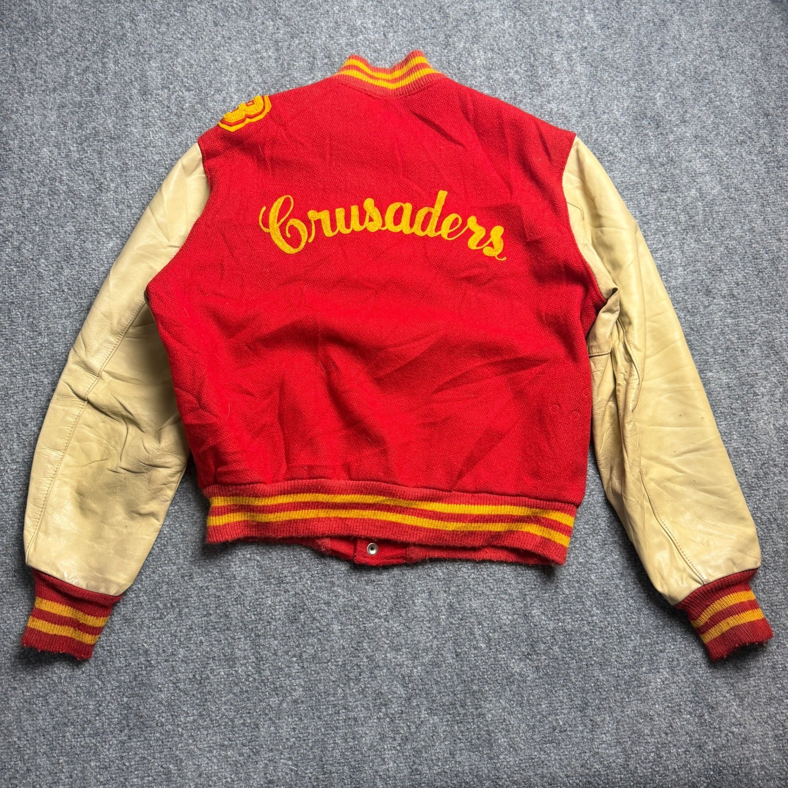 Vintage Art Knitting Mills Varsity Jacket Red Wool Leather 1982 Crusaders Mens L