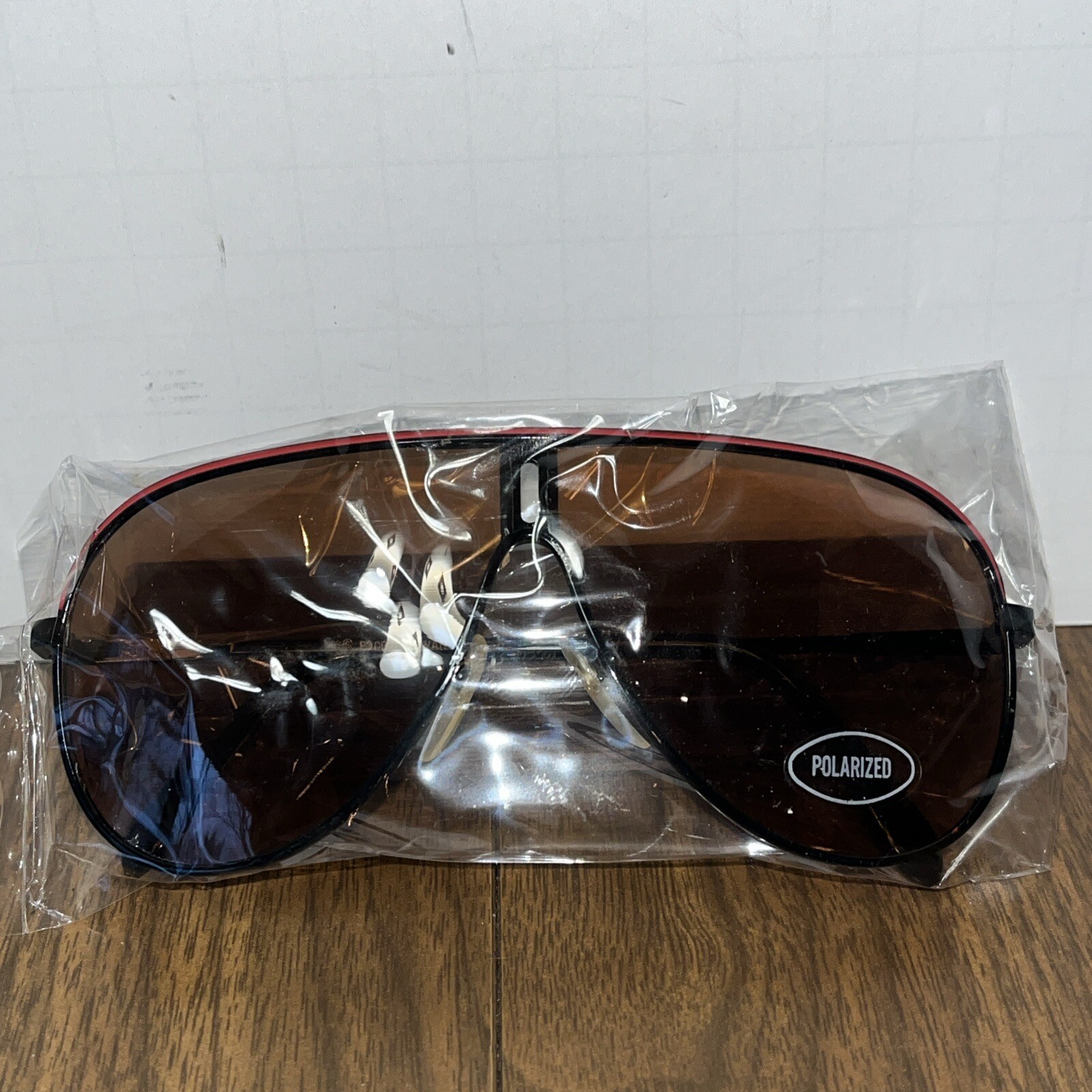 New Vintage 80s ROC Taiwan Polarized Aviator Black Frame Red Stripe Sunglasses