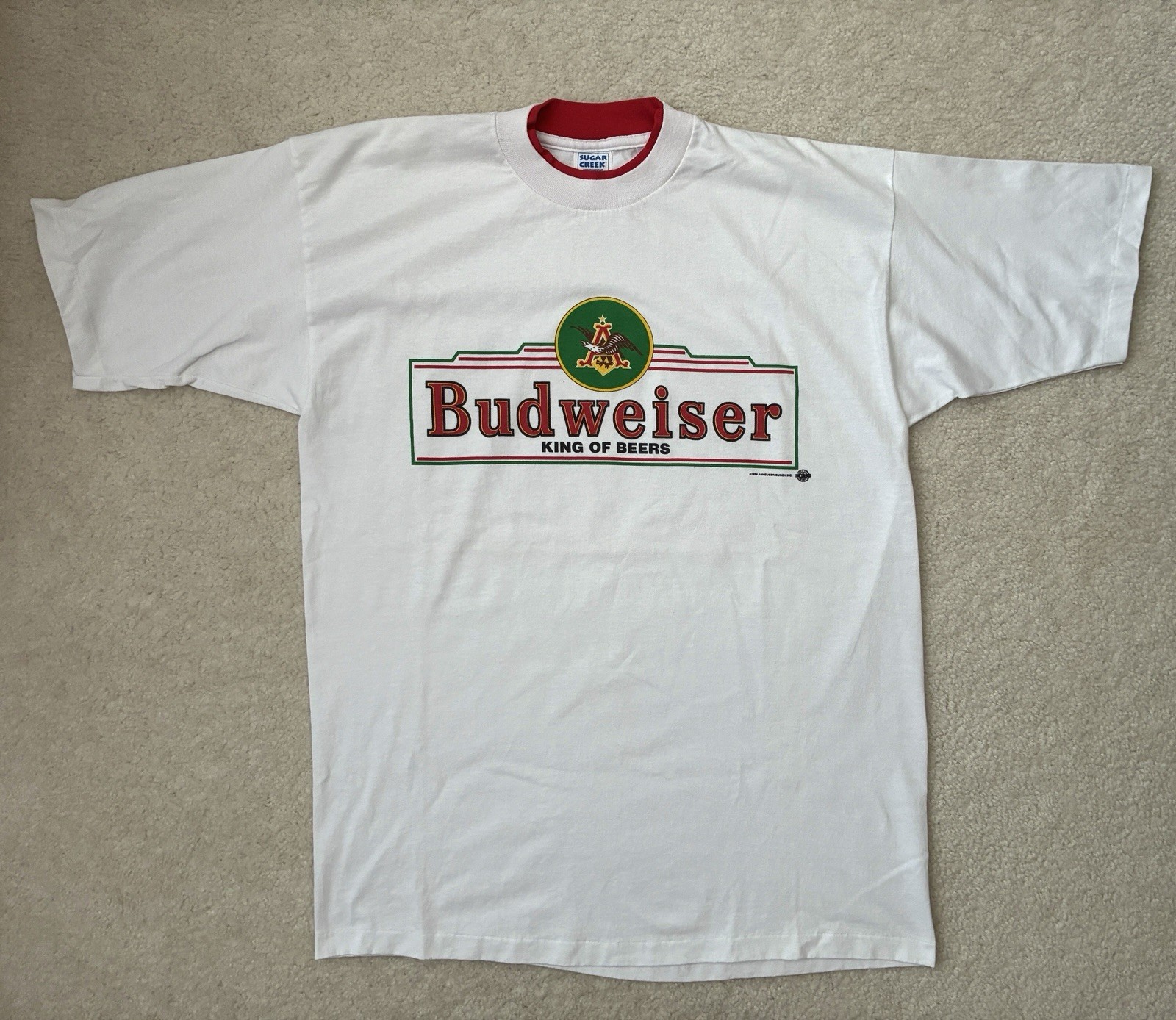 VTG 1994 Budweiser King of Beers Single Stitch Ringer Neck T Shirt XL Superb