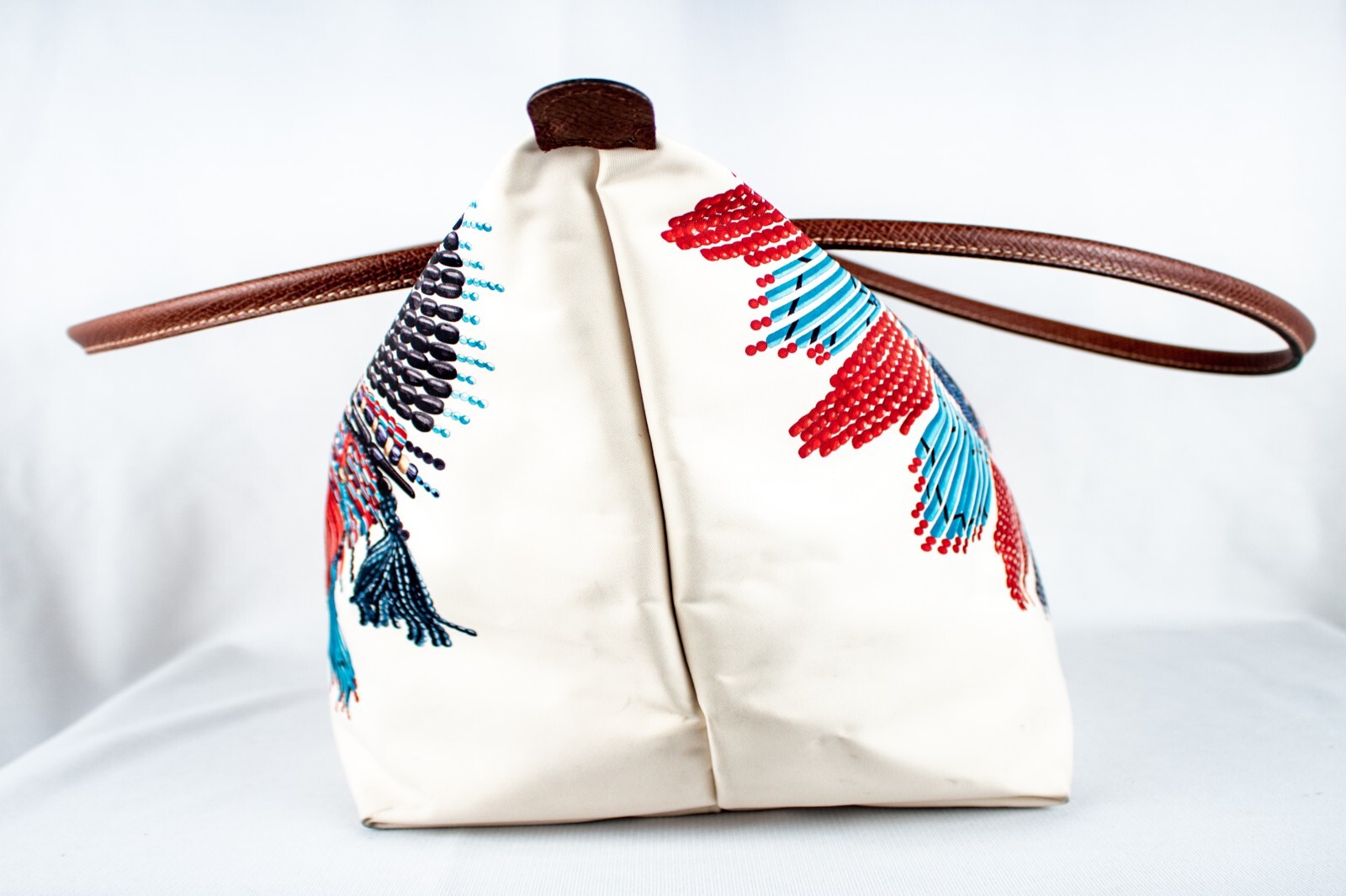 LONGCHAMP France Ivory Red Blue Multicolor Vintage Women Large Tot Handbag