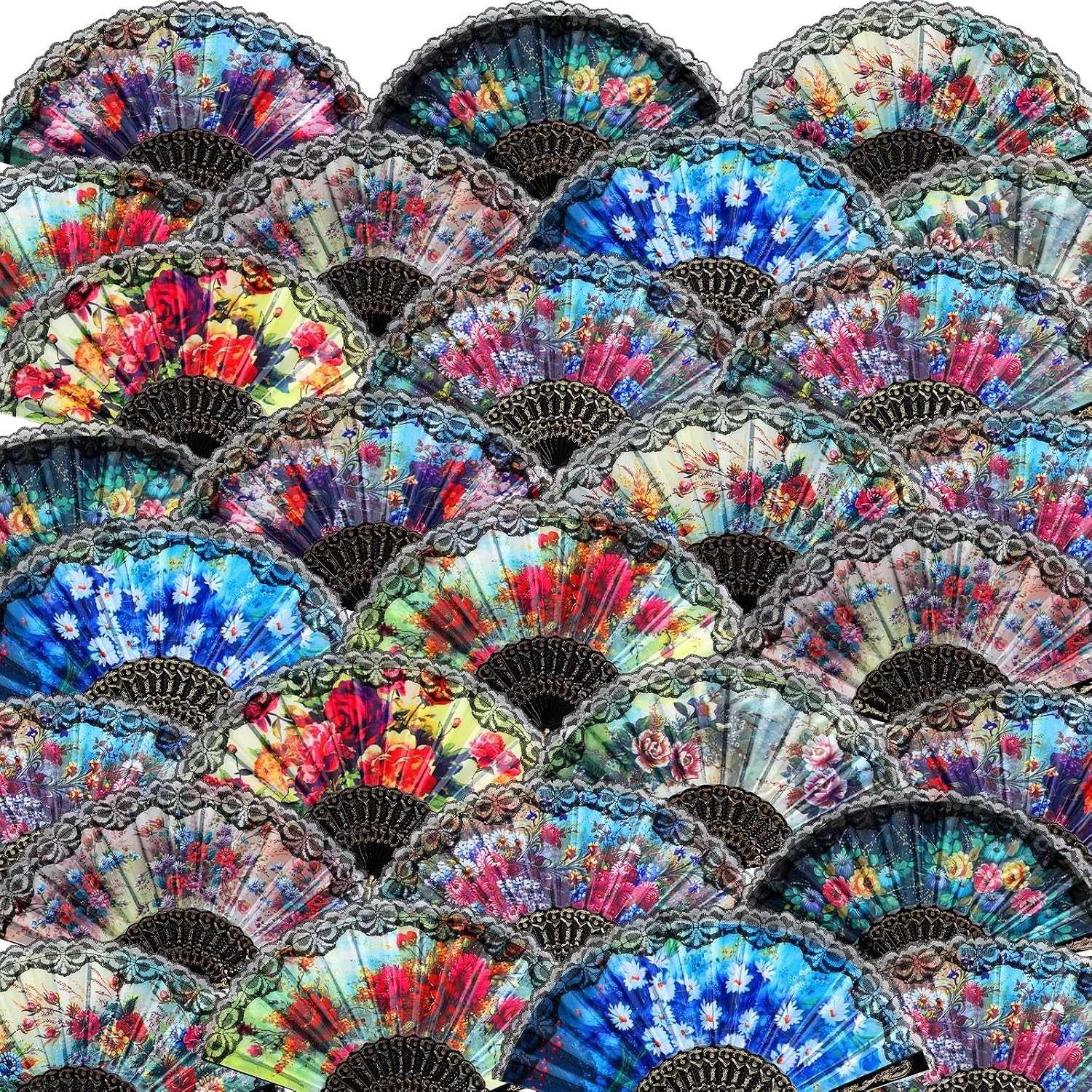 50 Pack Folding Hand Fans – 10 Flower Patterns