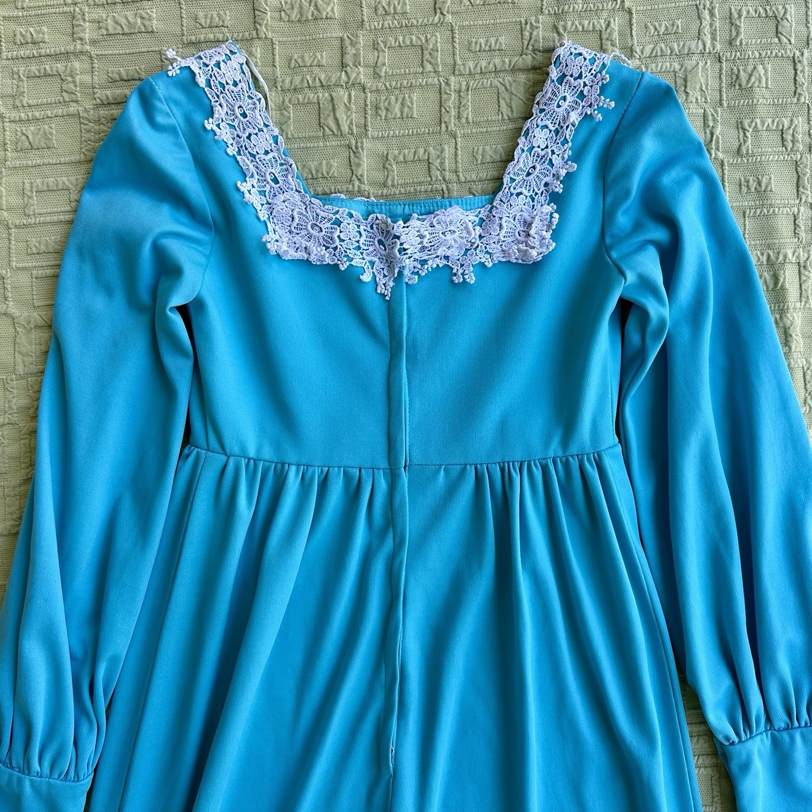 60s/70s bright blue maxi with white lace trim