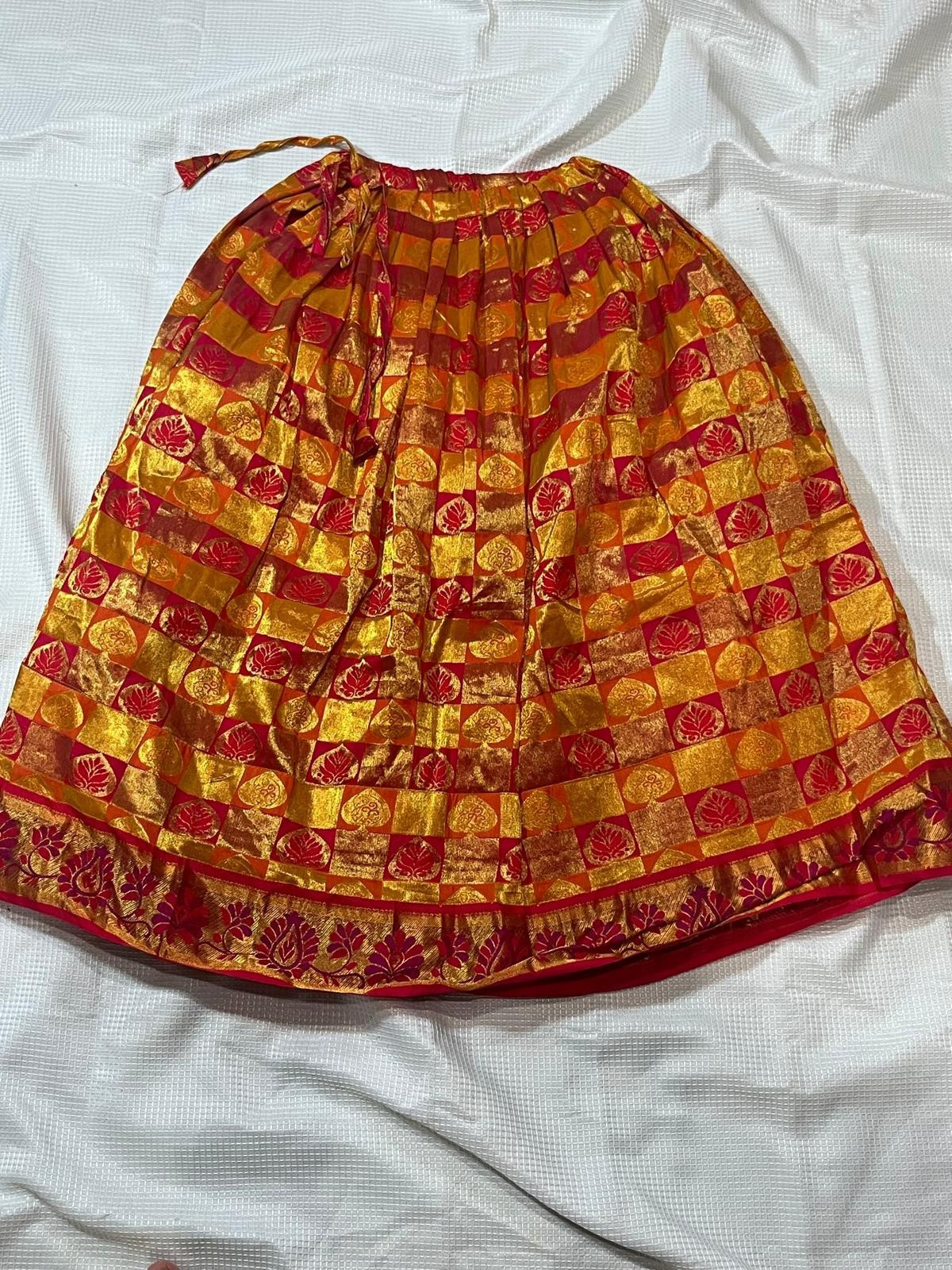 Vintage Metallic Gold Pink Brocade Maxi Skirt Ethnic Shiny Festive Drawstring