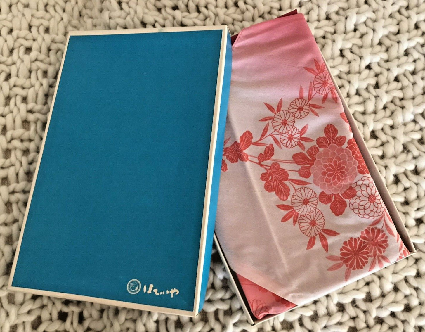 Vintage Japanese Nylon Scarf in Box 27″x28-1/2″ Red and White Floral Ombre