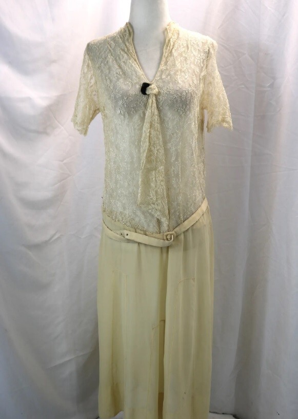 Vintage Ivory 1920s Sheer Lace Silk Drop Waist Flapper Dress Original Belt Sz M