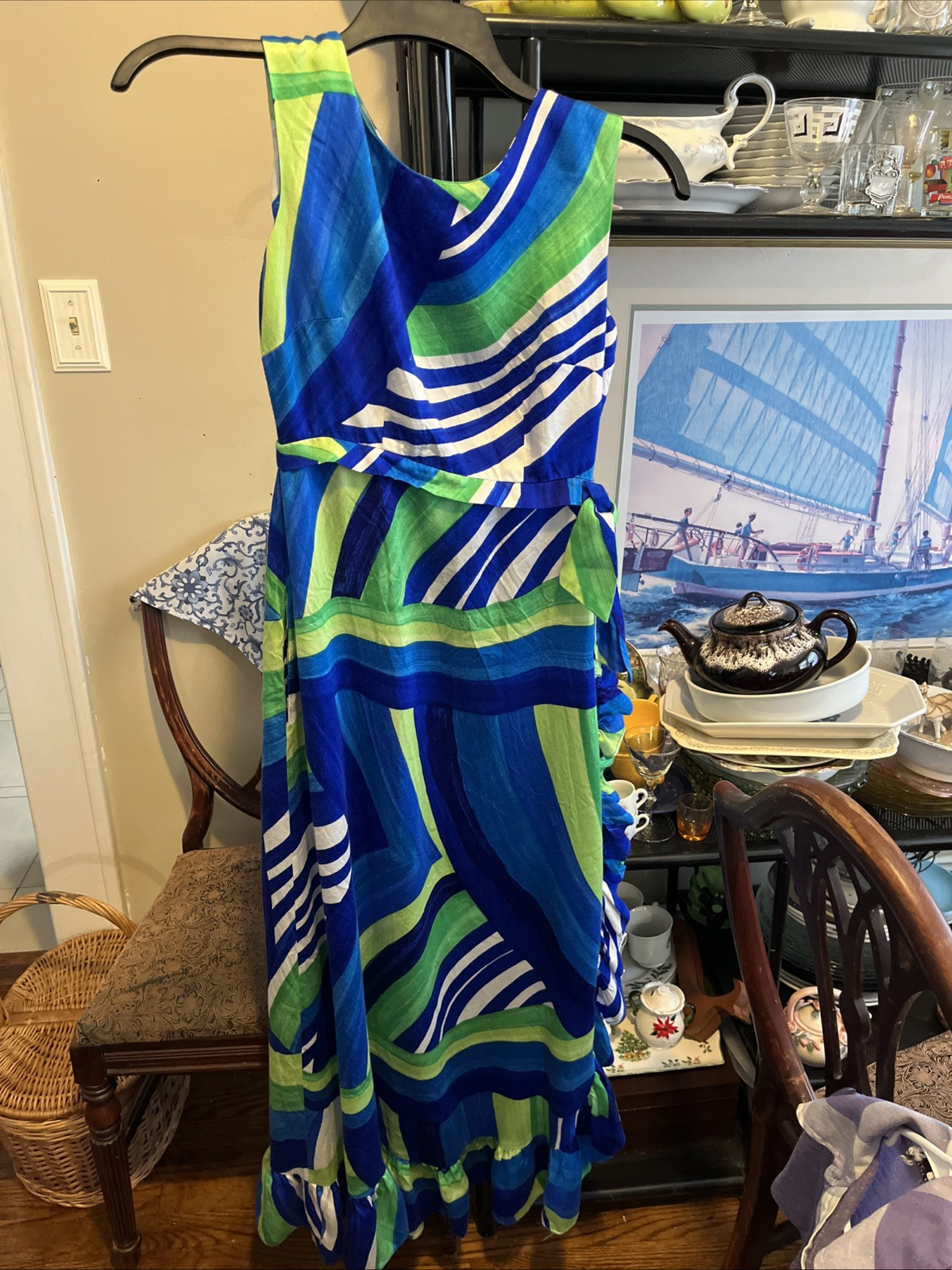 Vintage Kahala Hawaii Luau Maxi Dress S/M Blue & Green With Ruffles