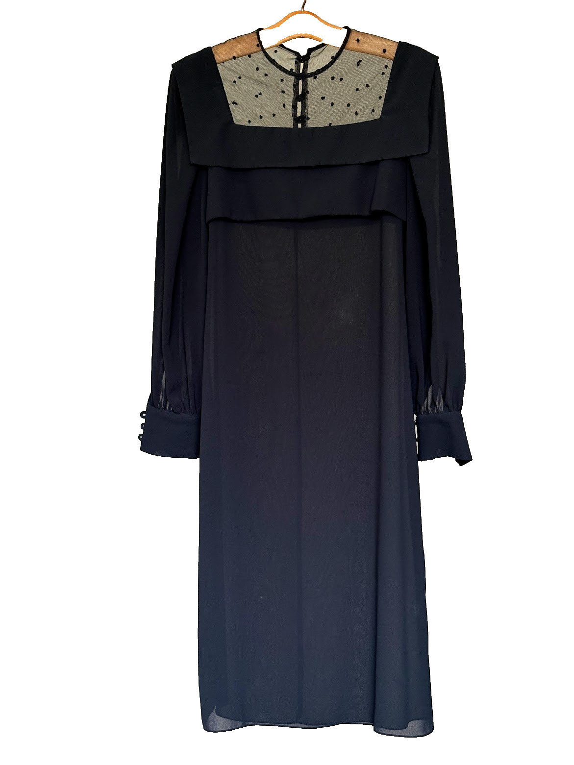 VTG 70’S80’S GOTHIC ROMANCE LONG SLEEVE BLACK DRESS SWISS DOT MED