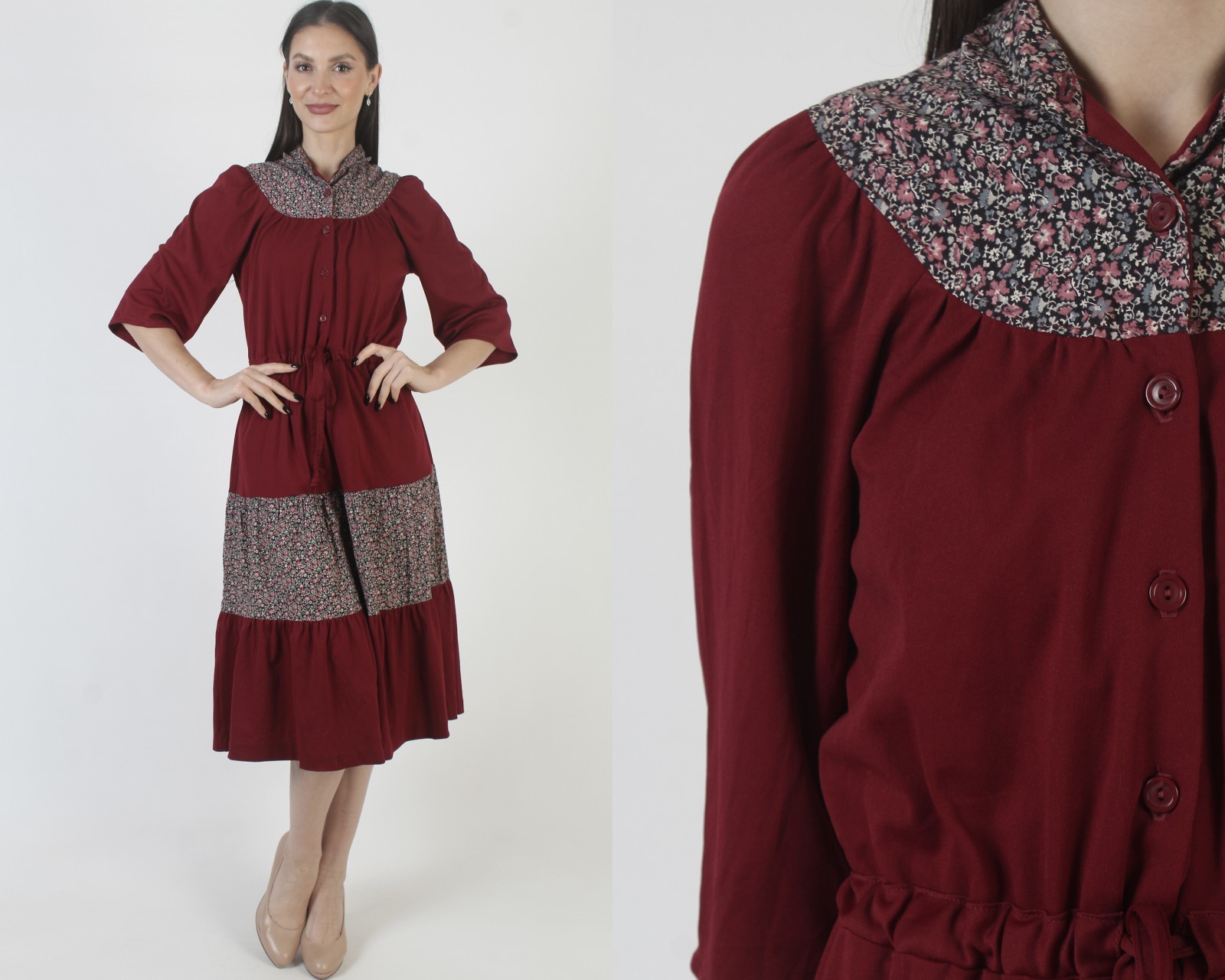 Vintage Burgundy Calico Dress Bell Sleeve Prairie Peasant Midi Maxi Sundress
