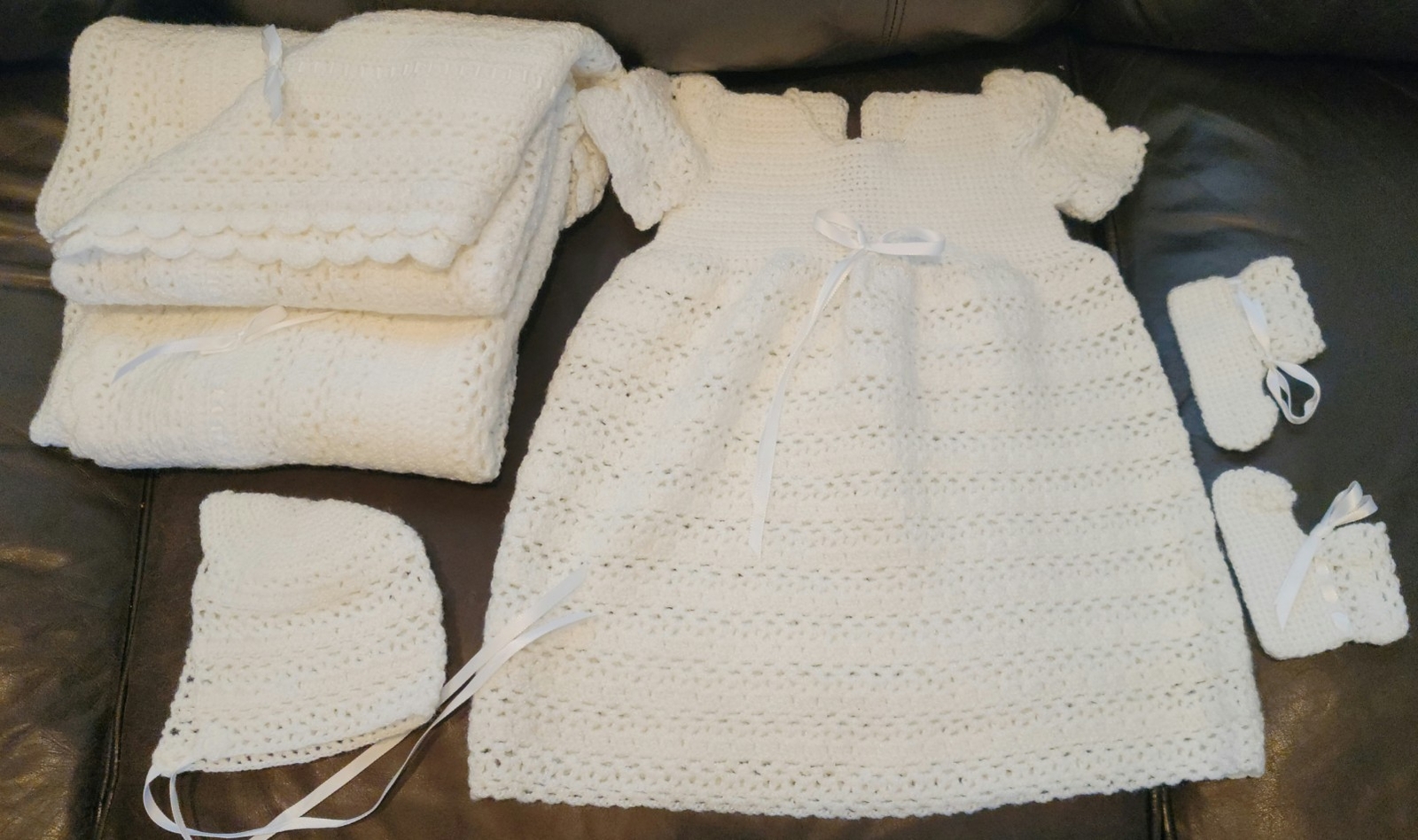 VTG Baby Christening blessing Dress Handmade Crochet bonnet blanket and booties