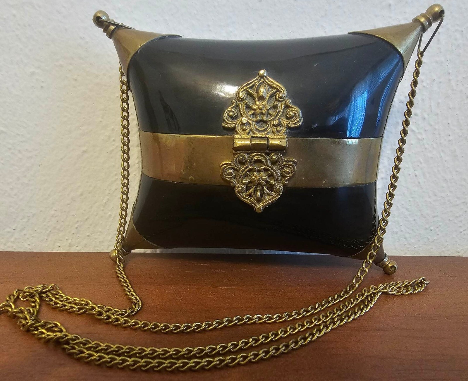 Artisan Vintage 1930’s Cushion-Shaped Black & Brass Miniature Purse-Minaudière
