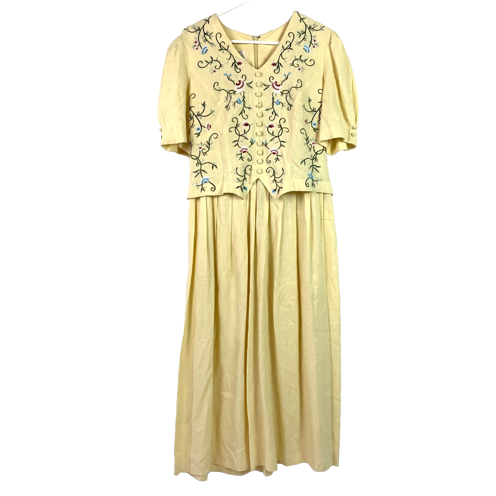 Vintage 90s Plaza South Floral Embroidered Linen Blend Yellow Modest Dress 8