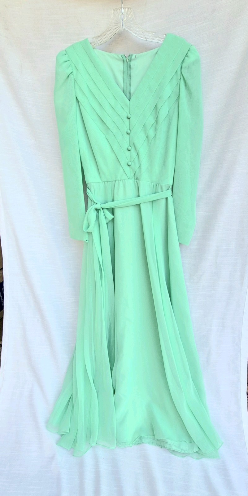 Vintage Miss Elliette Pleated Dress Maxi Green Chiffon Lined Dress Sz 10 Sleeves
