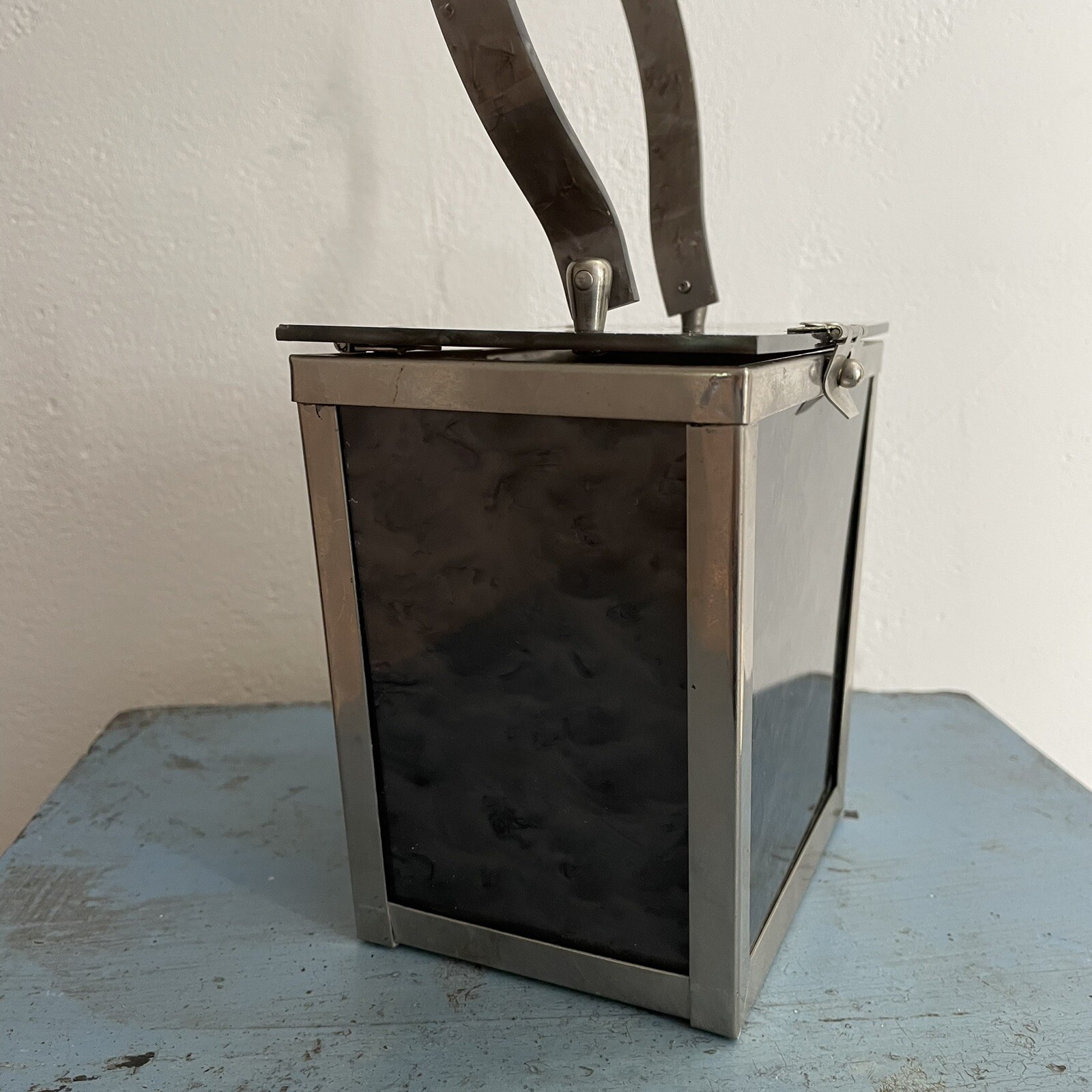 Vtg MCM Charcoal Gray Lucite Box Purse Bag, Marbleized, Pearlized, Silver Frame