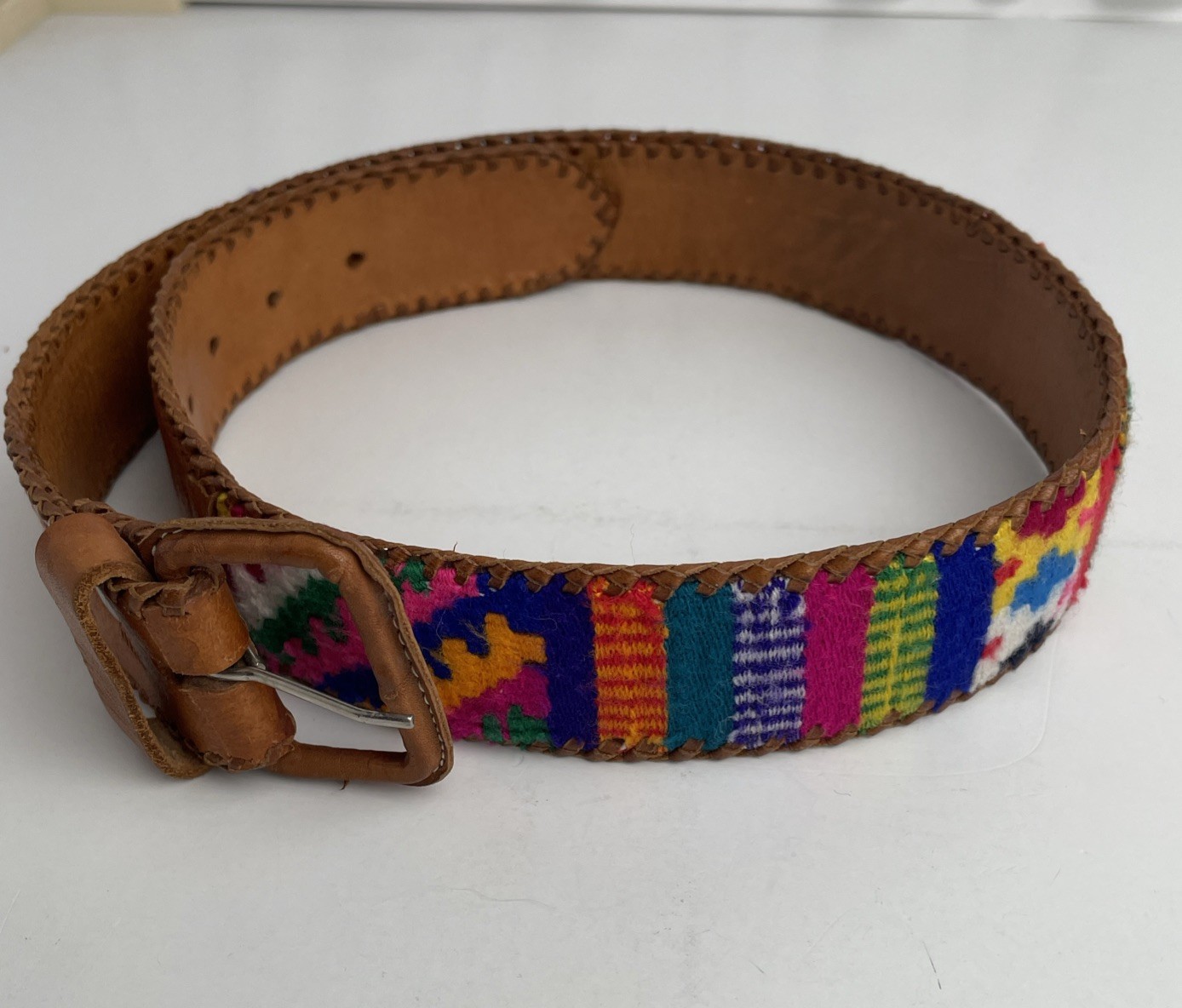 Handstitched Needlepoint Leather Belt multi Color Size 26 Bright Vibrant Colors