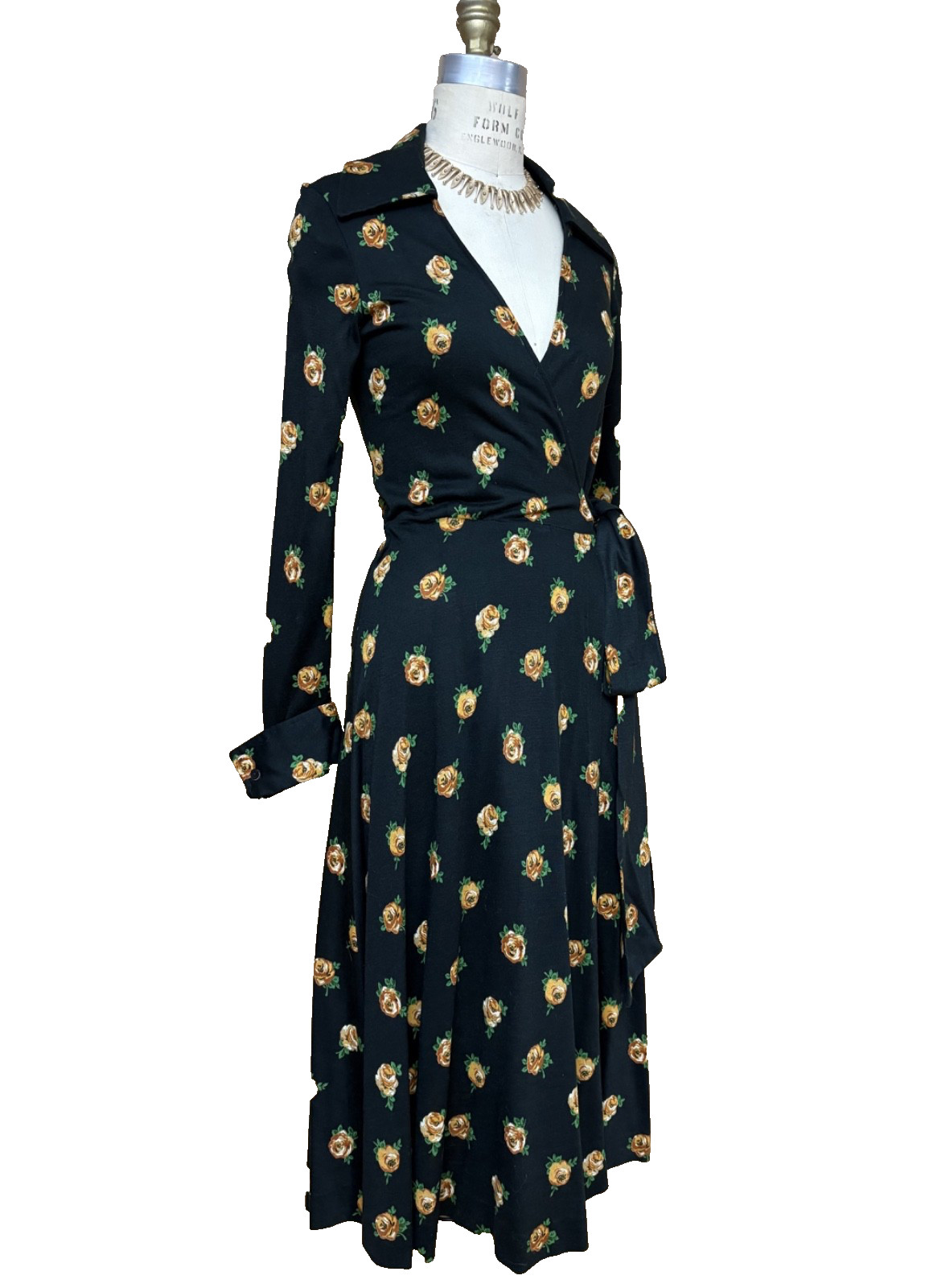 Vintage 1970s Diane Von Furstenberg DVF Black Floral Jersey Wrap Dress S