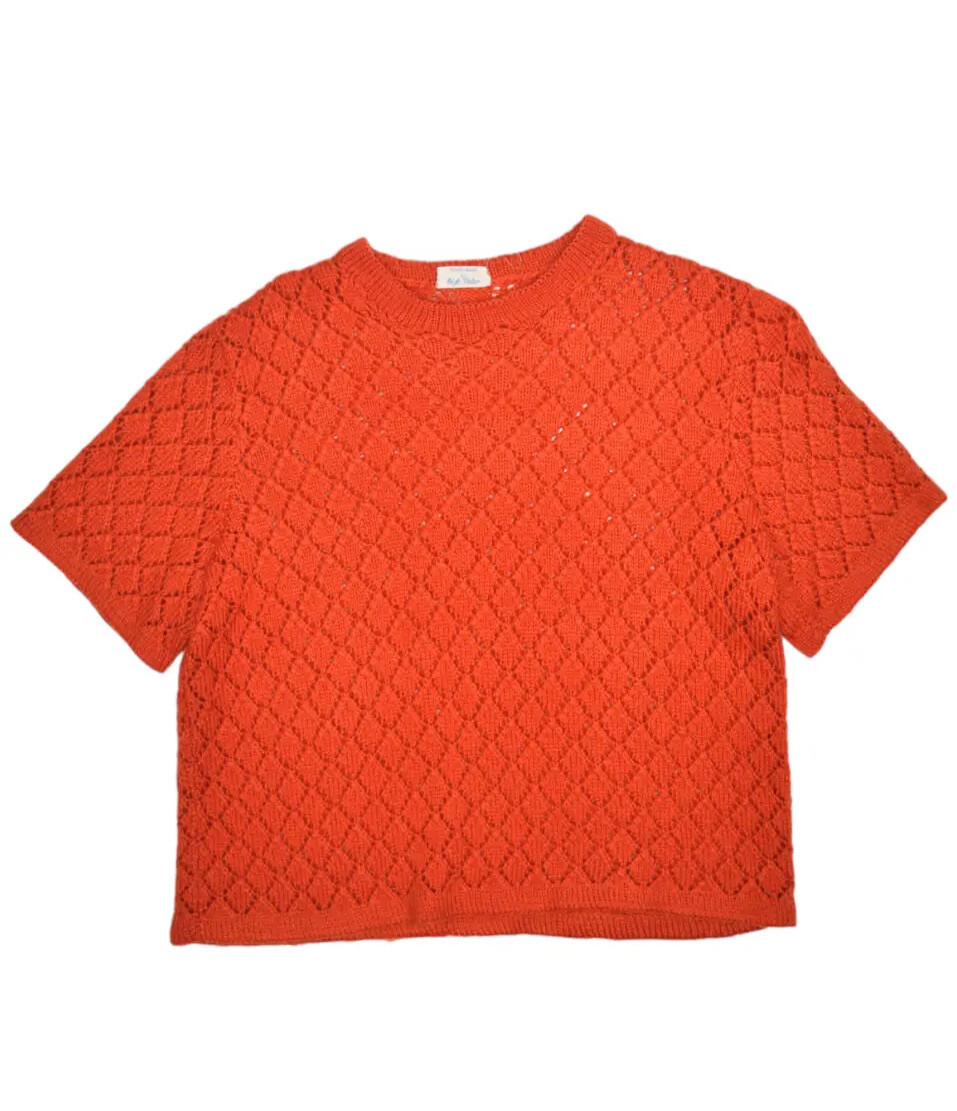 Vintage Hand Knit Sweater Womens S Orange Short Sleeve Acrylic Crochet Crewneck