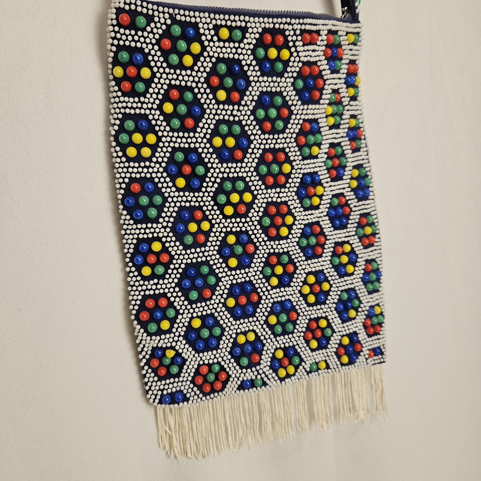 Vintage Purse Candy Dot Bag Hippie Plastic Beads Fringe Rainbow Blue 1960’s Fun