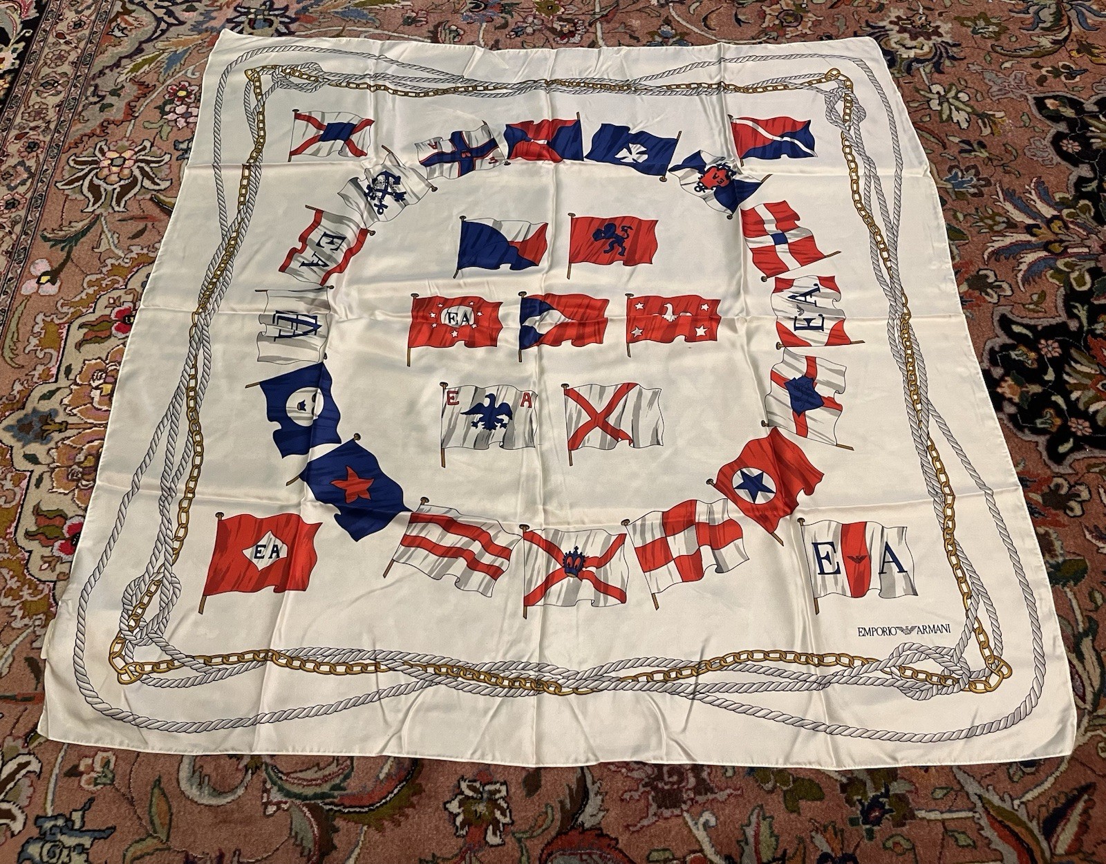 NEW NWT Vintage Emporio Armani Silk Scarf 34”x34” Square Red White Blue Flags