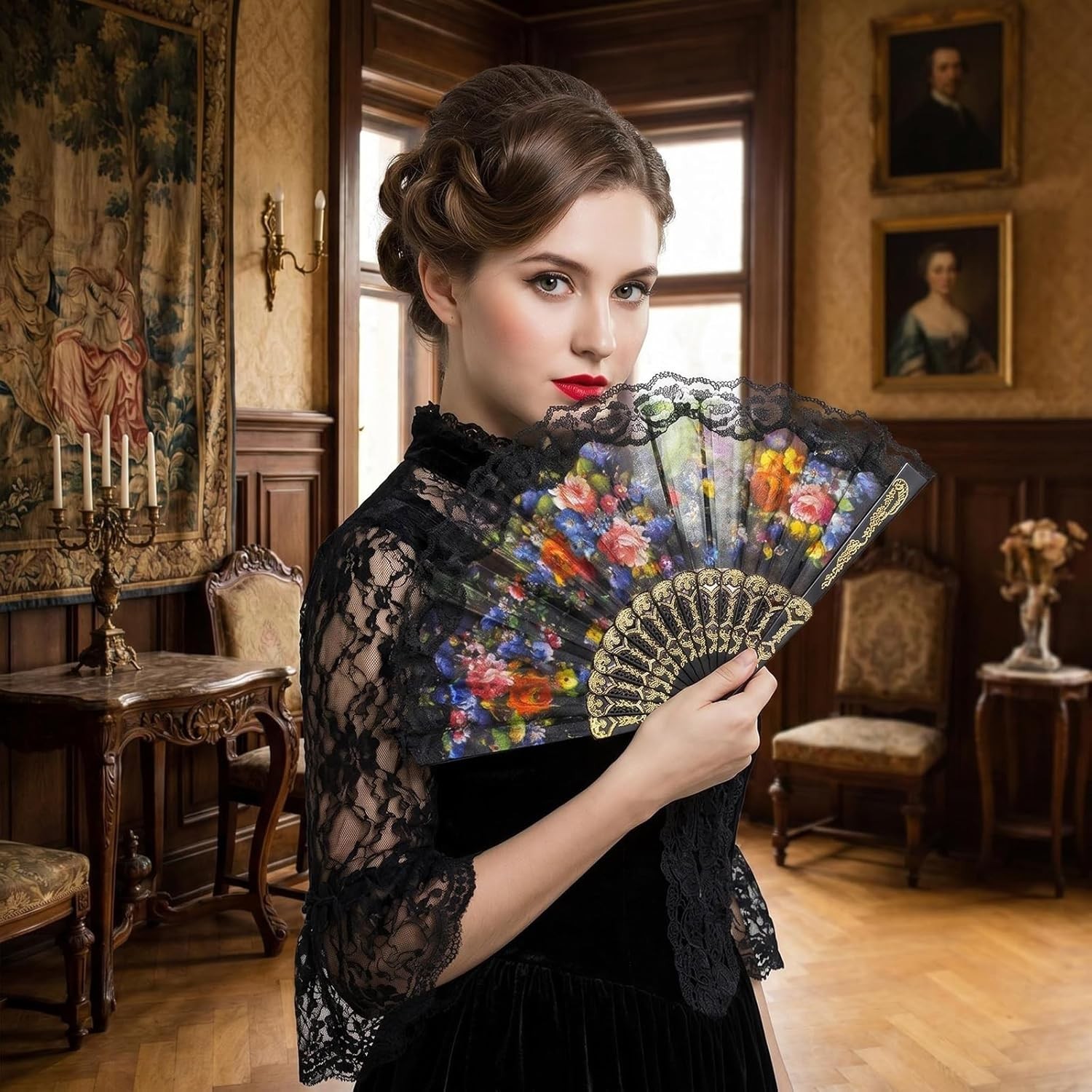 10 Pack Vintage Spanish Floral Folding Hand Fan Sequin Fabric Folding Handheld H