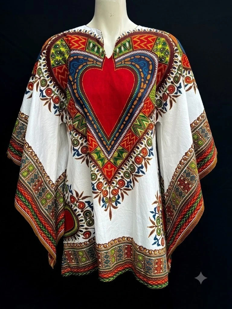 Vintage 70s Dashiki Tunic Bell Sleeve Boho Hippie Blouse Kaftan Poncho Top OS