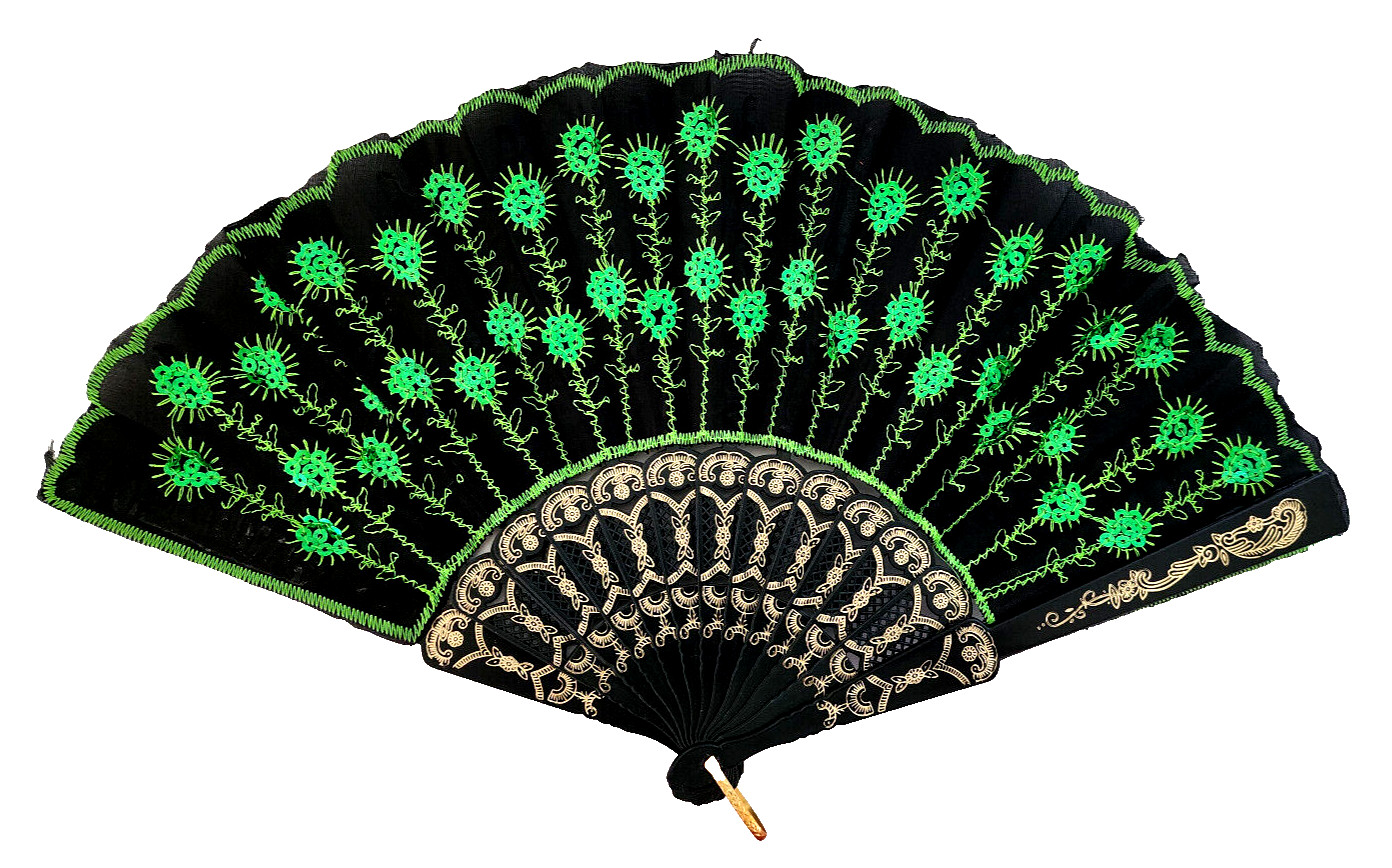 Elegant Embroidered Peacock Flower Folding Hand Fan with Sequins – Black & Gree
