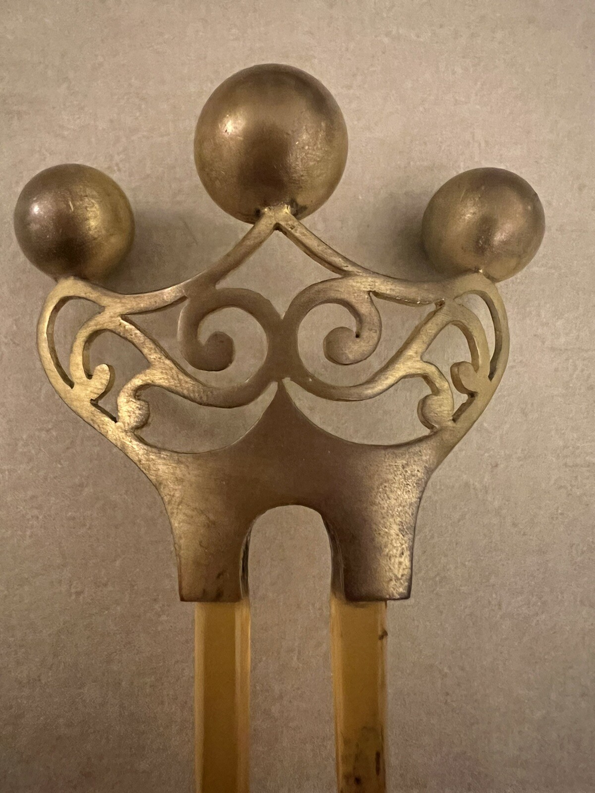 Vintage Hair Comb/Fork Amber Toned Brass Top