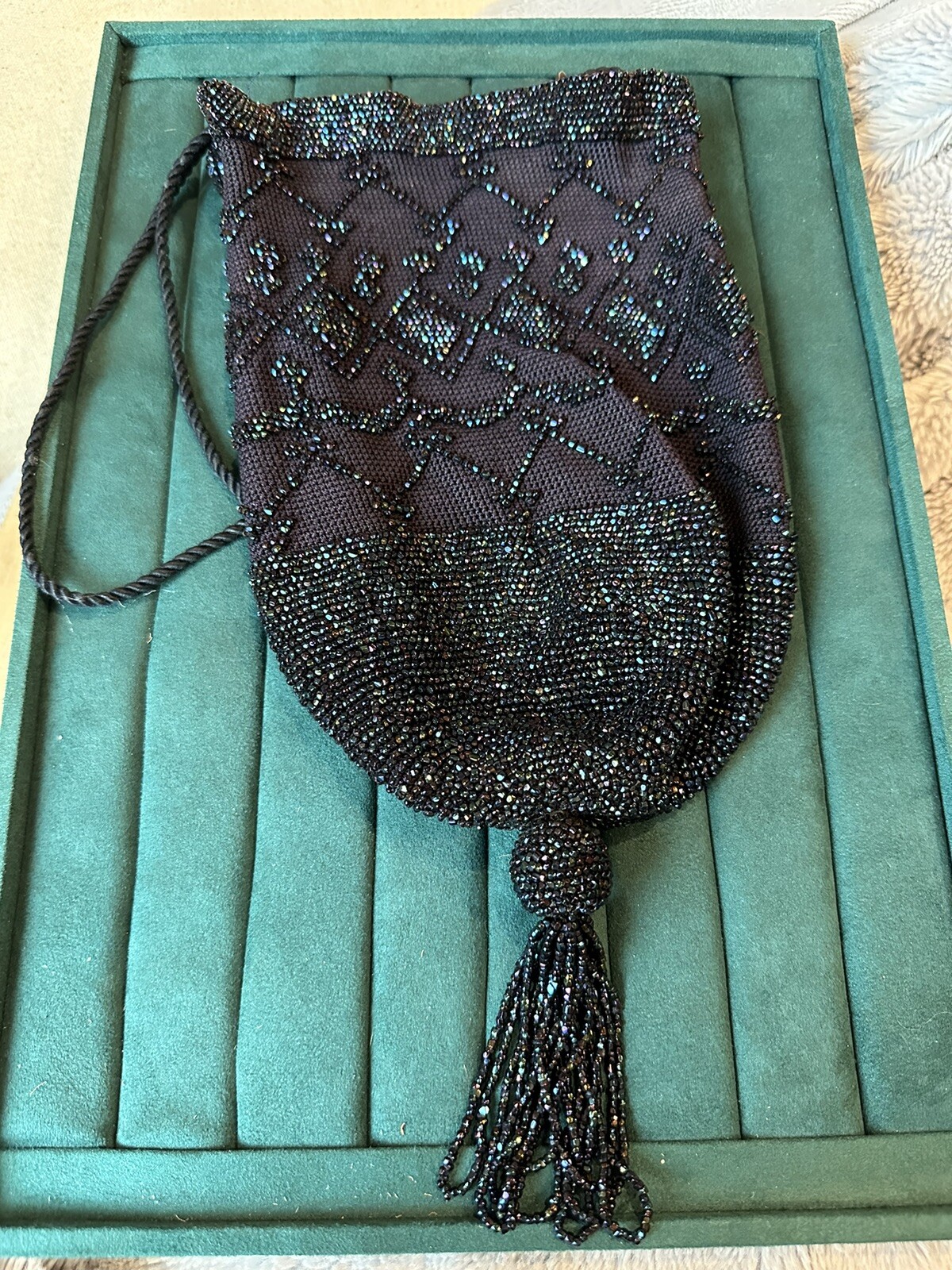 Antique Art Deco Crochet Iridescent Peacock Blue Bead Drawstring Purse Reticule