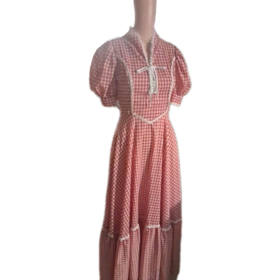 Vintage Red White Gingham Dress White Eyelet Prairie Trim Prarie Americana Maxi