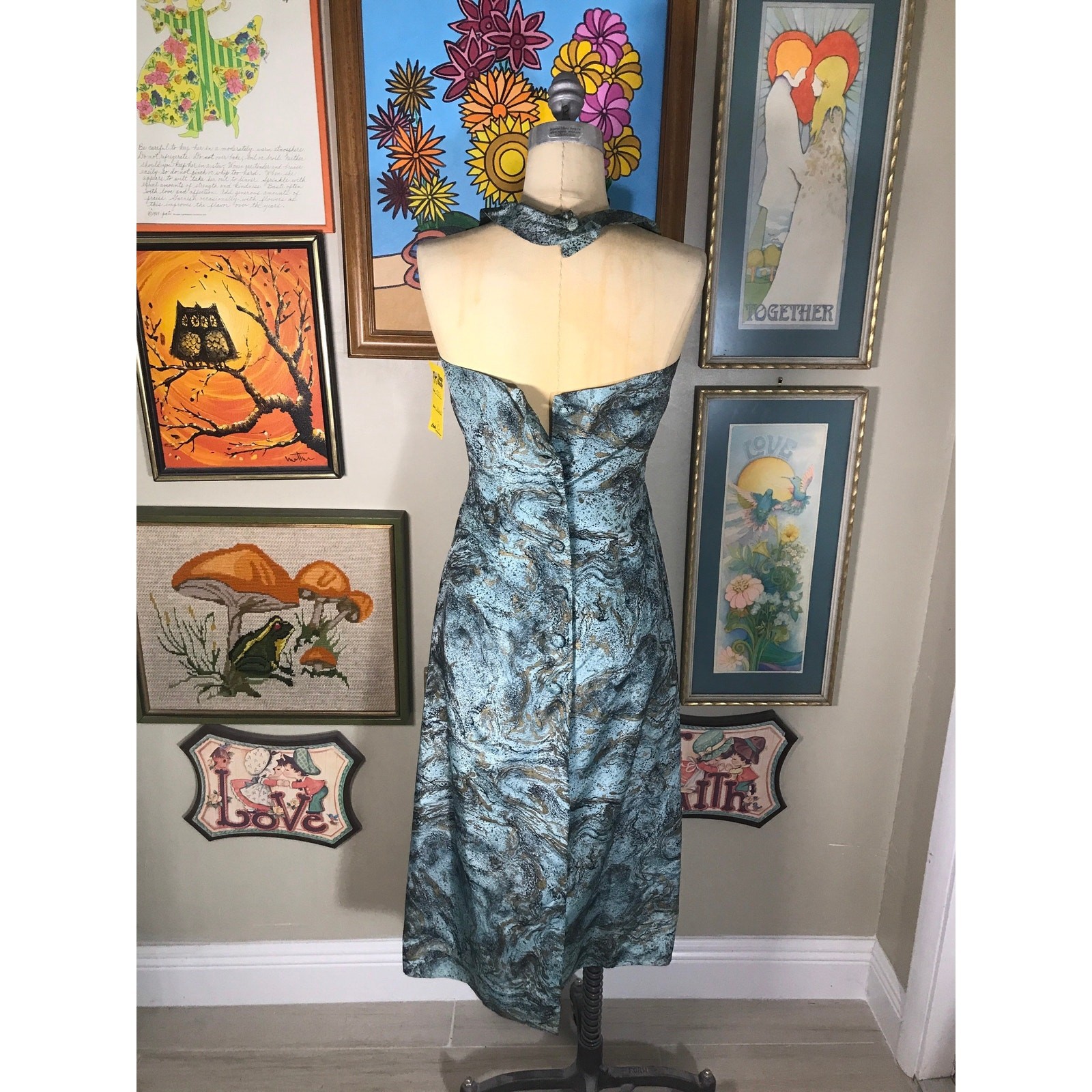 Vintage 1950s Aqua Gold Iridescent Taffeta Halter Dress Wrap Rockabilly Cocktail