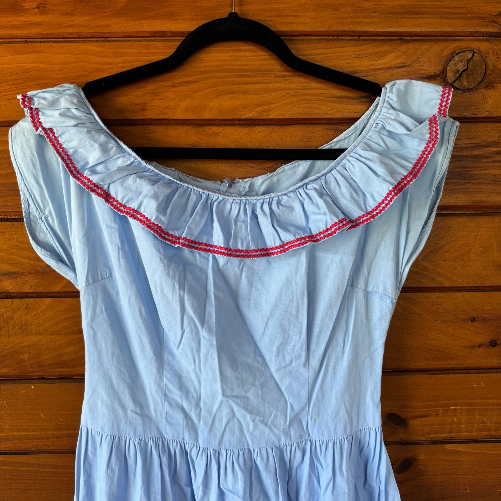 Vintage Handmade Blue Cotton Poplin Rick Rack Trim Fit & Flare Dress XS