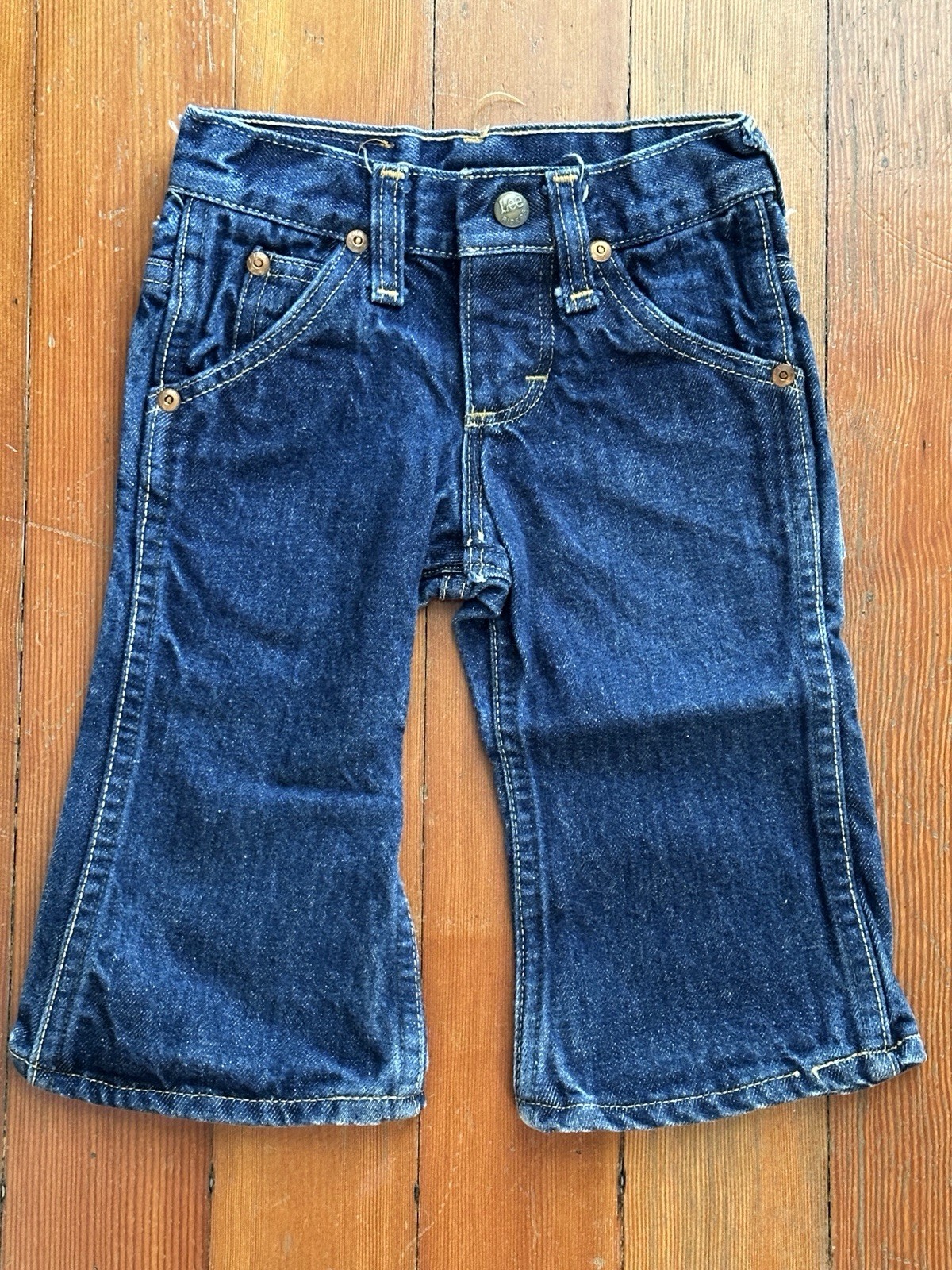 VINTAGE 70s LEE RIDERS KIDS FLARE BELL BOTTOM JEANS 42 TALON Patch DARK INDIGO 2