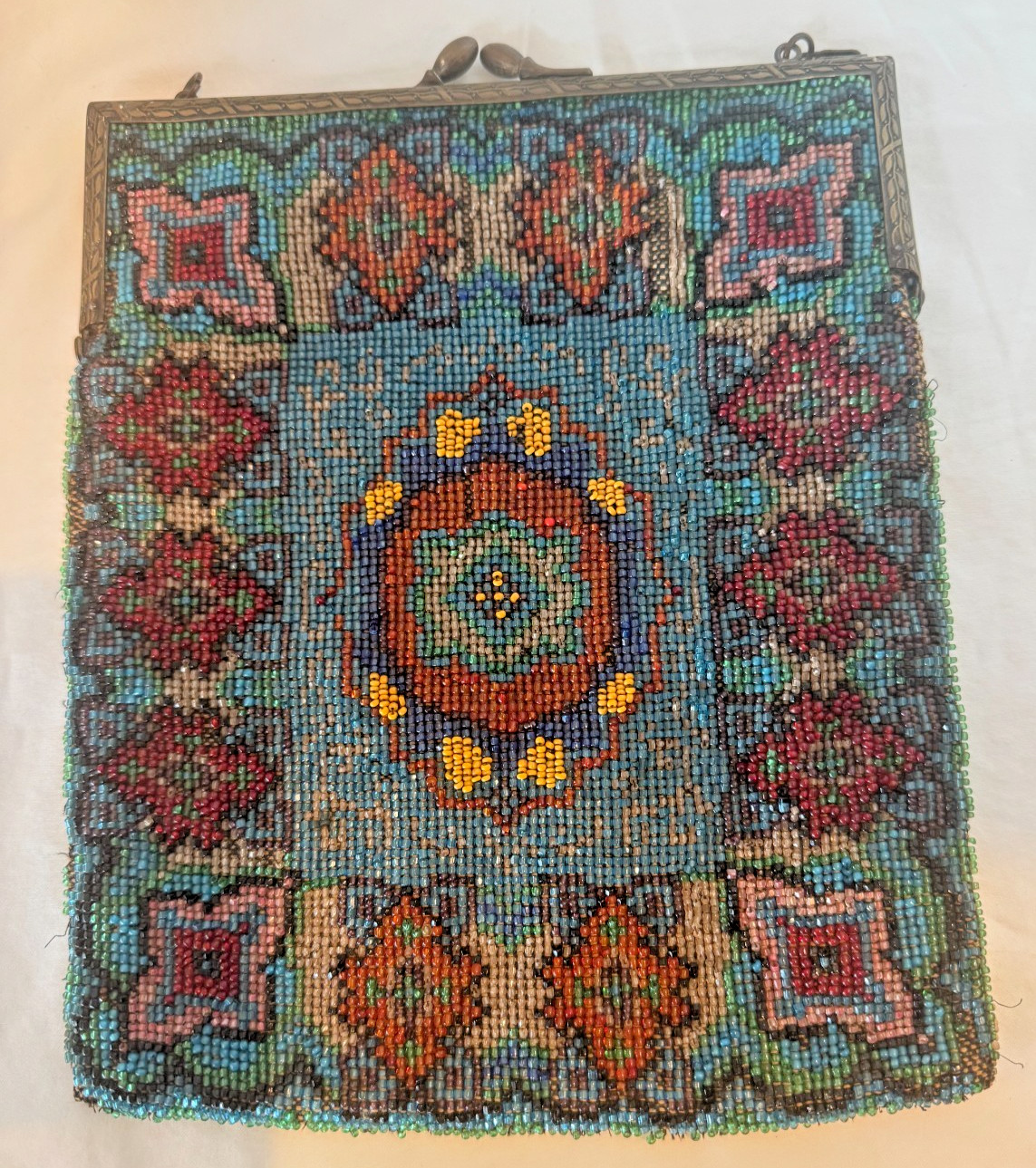 Vintage German Beaded Mesh Evening Bag-Purse –Multicolor Seed Beads, Metal Frame