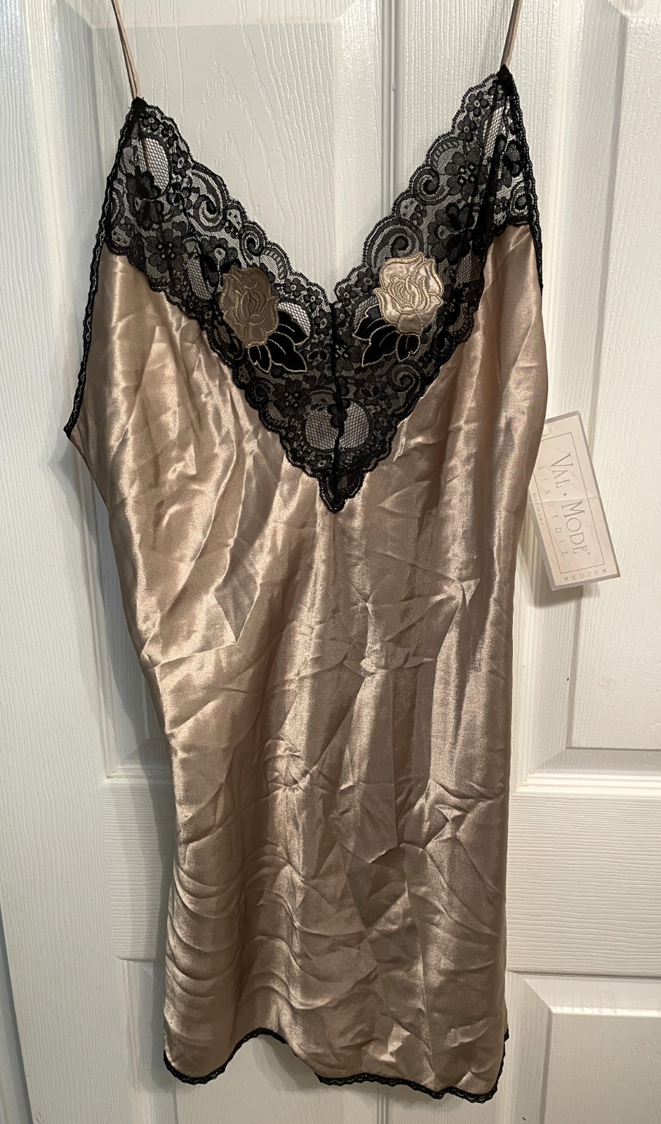 Vtg VAL MODE Taupe/Black LIQUID Satin SLEEP SHIRT BABYDOLL Nightgown M NWT Shiny
