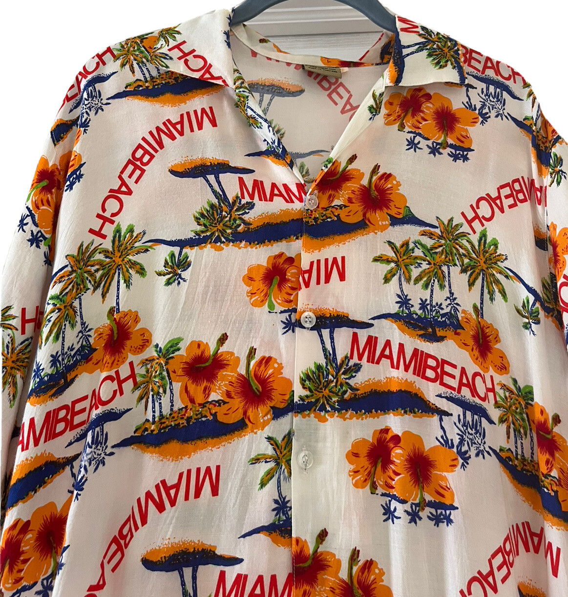 Vintage 80s 90s AOP Miami Vice Beach Souvenir Hawaiian Button Shirt Mens L EUC