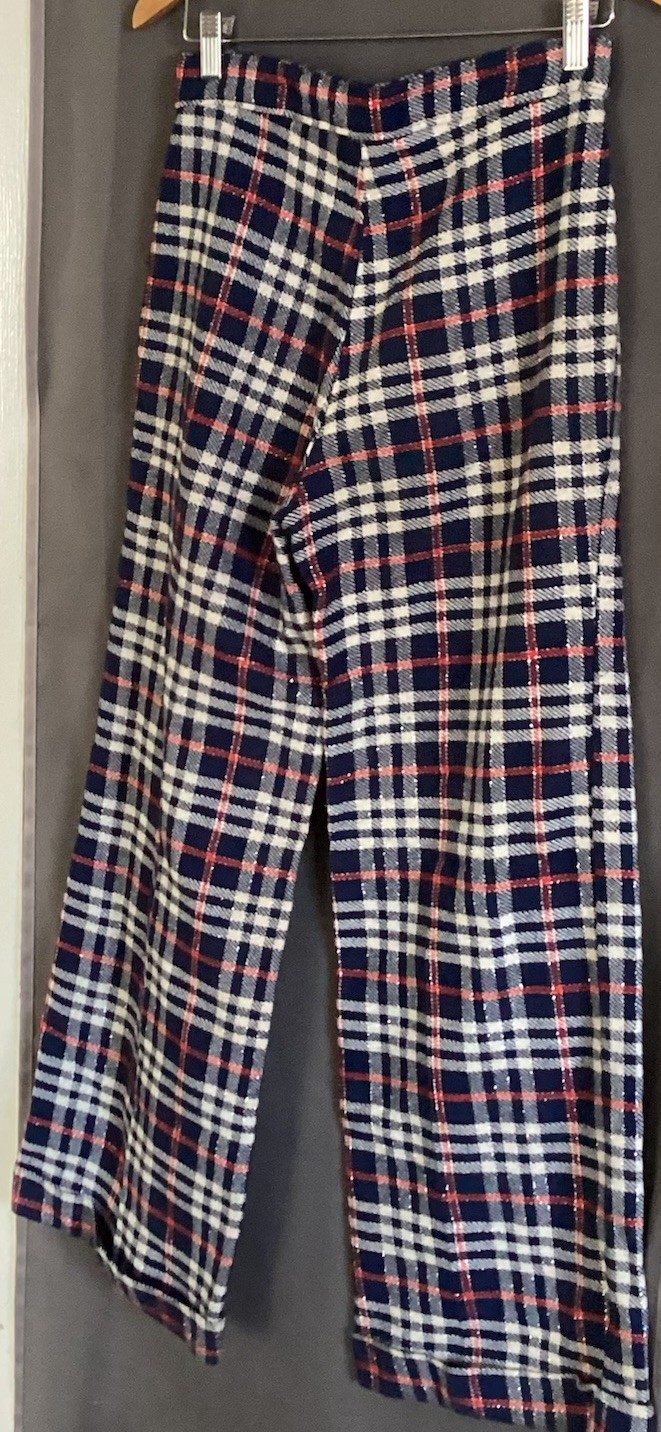 Vintage Montgomery Ward Plaid Pants Flare Blue Red Silver Thread Groovy 28×30