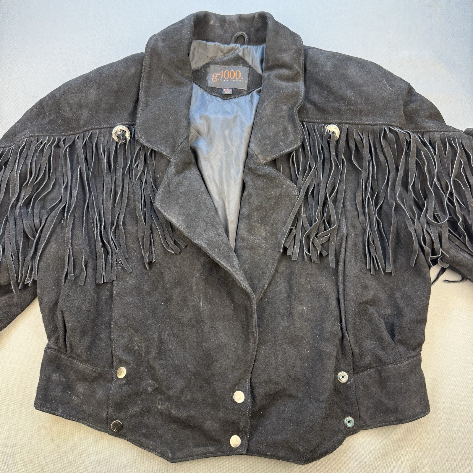 Vintage G4000 80s Black Western Biker Suede Fringe Jacket Boho Sz Women’s Medium