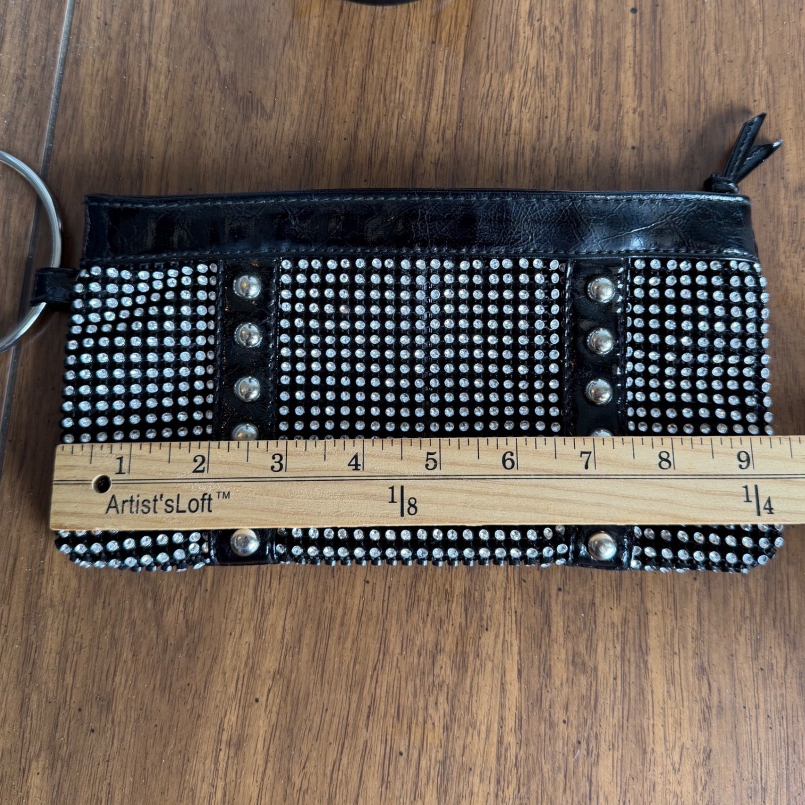 Vintage 2000s Black Rhinestone Studded Faux Leather Ring Handle Clutch Bag OS