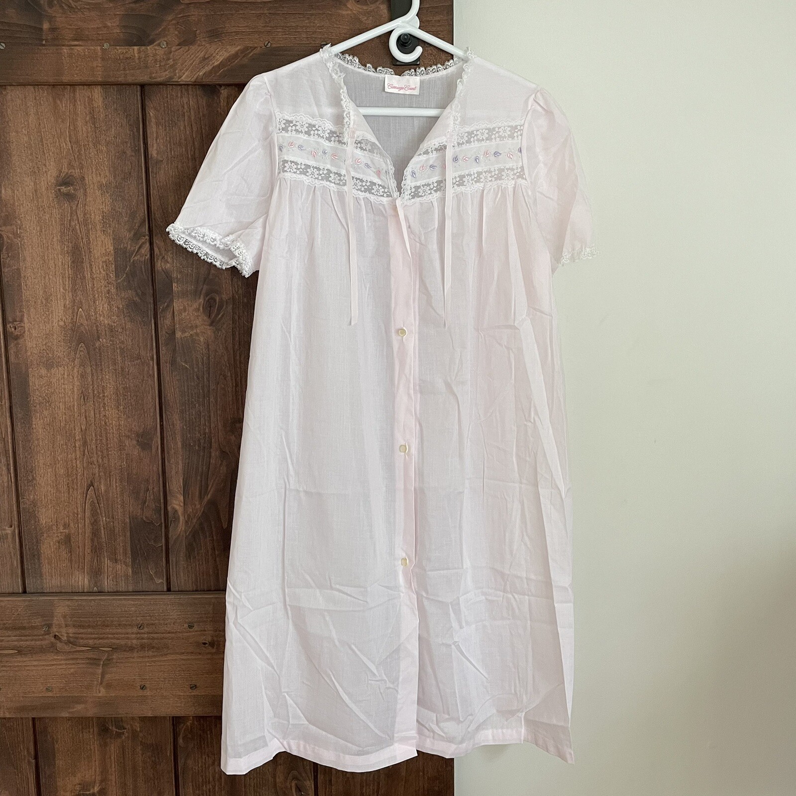 Vtg CARRIAGE COURT Cottagecore Floral Embroidery House Dress Pink Large USA made