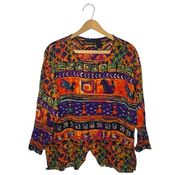 Anthony Mark Hankins Art to Wear Boho Novelty Tribal Print Colorful Blouse