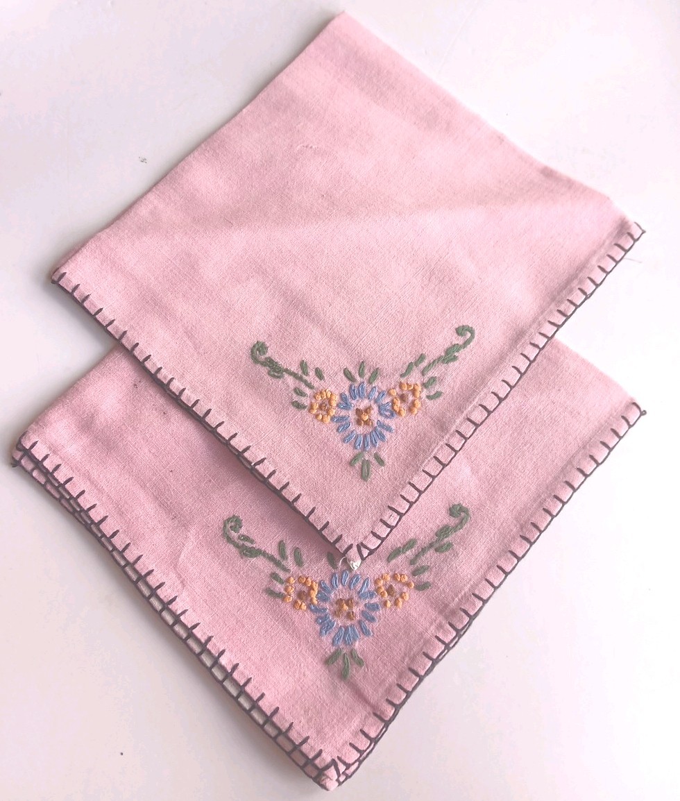 Set Of 2 Handmade Embroidered Pink/black Edged W/Floral Design Hankerchiefs