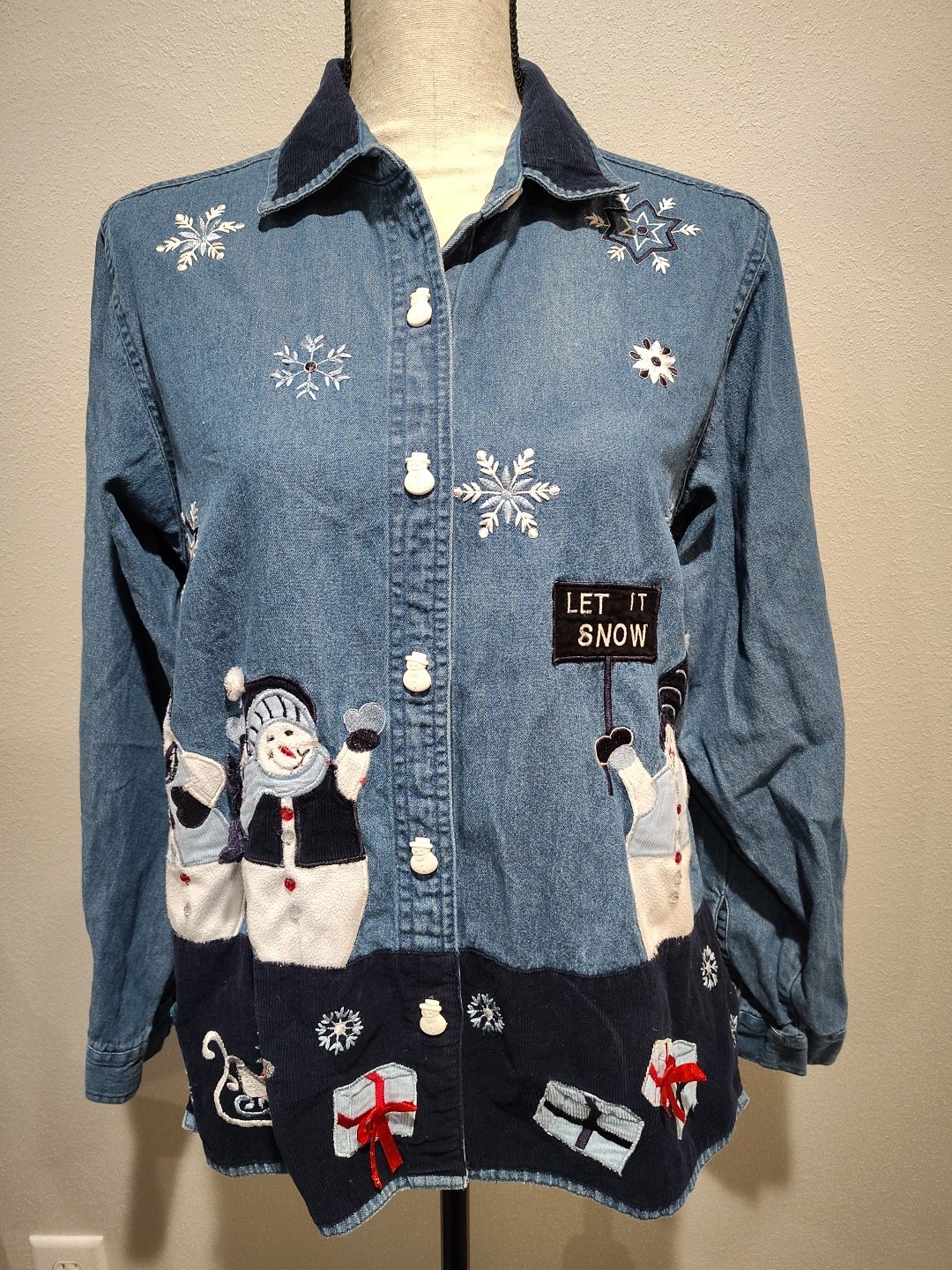 VTG Dressbarn Denim Snowman Christmas Button Up Longsleeve Short Size Medium