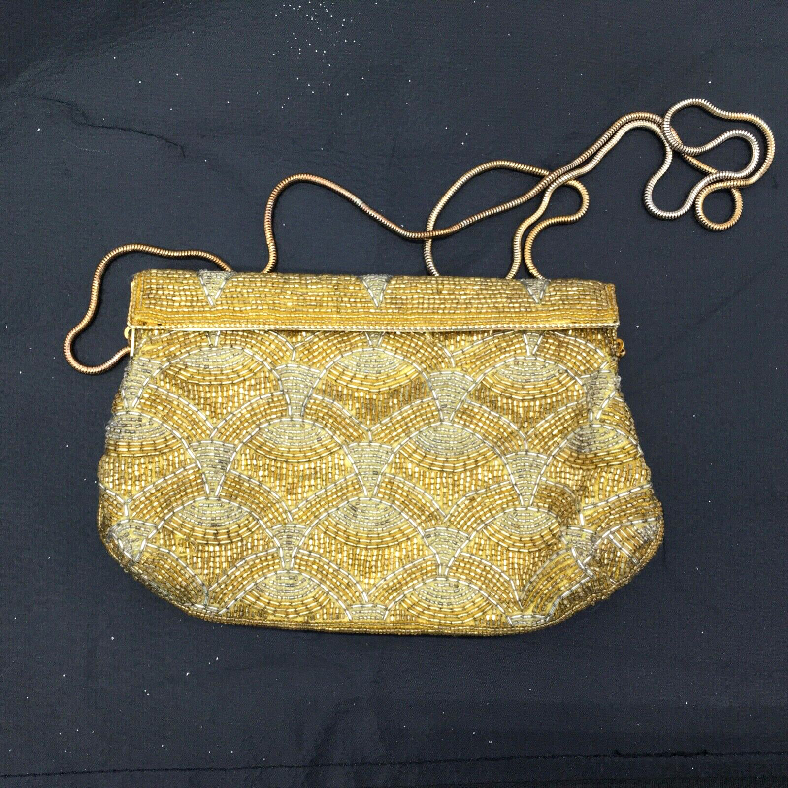 Vintage Beaded Gold And Silver Tone Evening Cocktail Purse With Metal Strap
