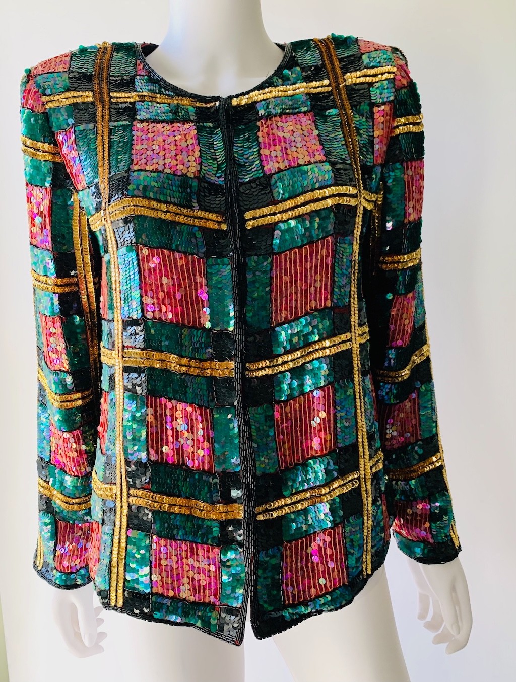 Vintage 1980s Gold Pink Green Black Plaid statement Festival Sequin Jacket M