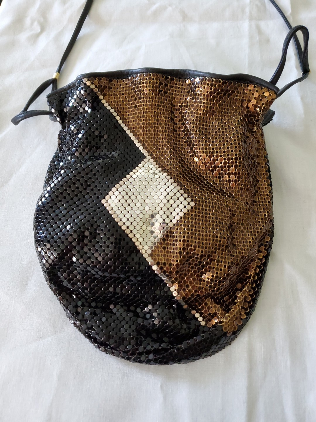 Whiting and Davis Gold Silver Bronze Mesh Drawstring Bag Evening Clubbing EUC