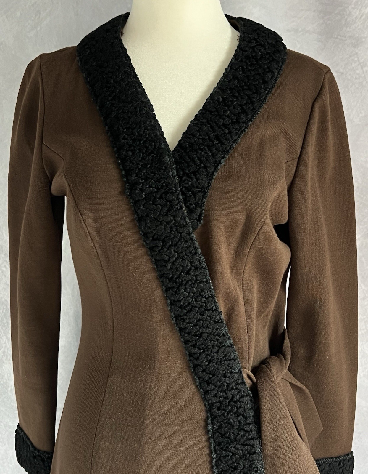 Vintage 1960s Mod Alfred Werber Brown Wool Knit Wrap Dress Textured Black Trim S