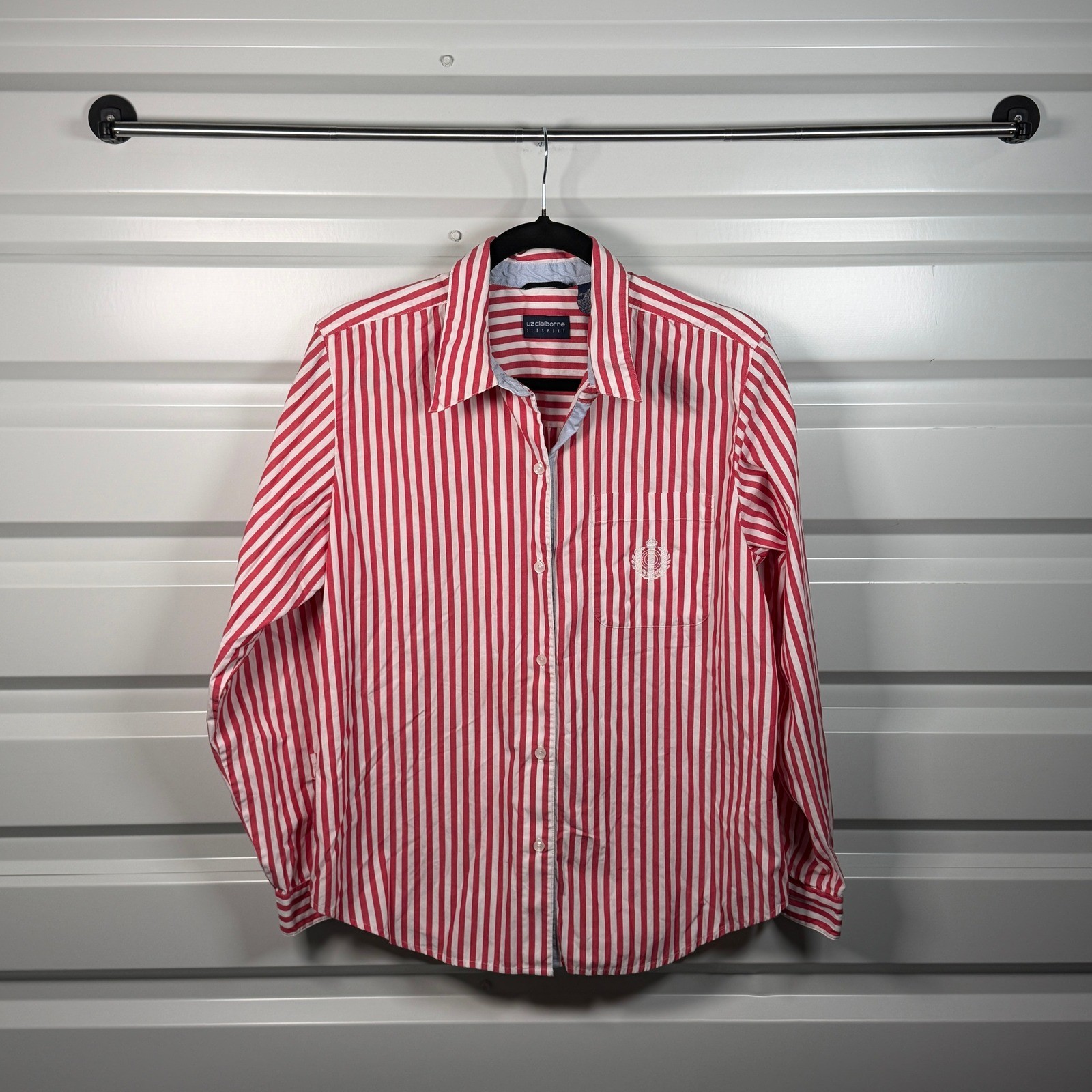 Liz Claiborne Lizsport Medium Red White Striped Button Down Shirt Cotton