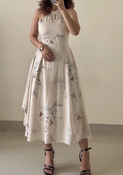 Vintage Halter Dress L Asian Florals Spring Ivory Fairy Whimsy Tule Wedding