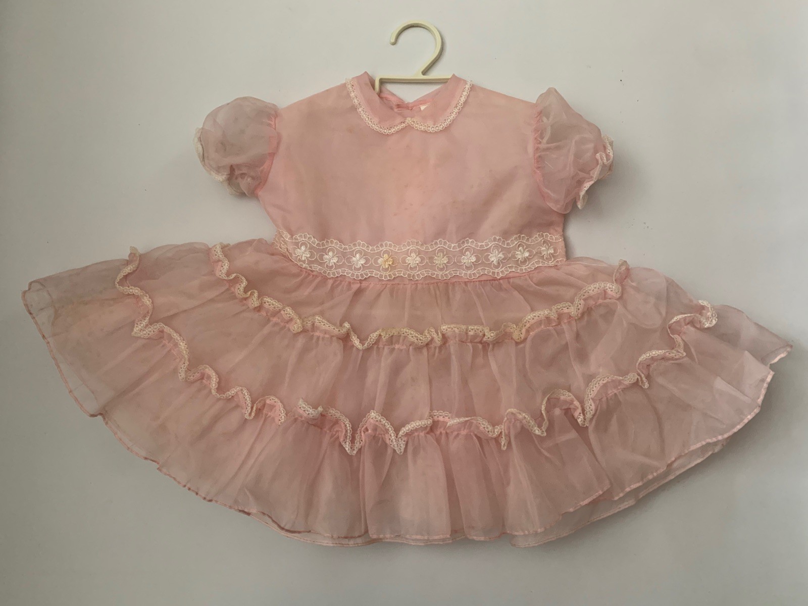 Vintage Baby Girls Pink Nylon Full Circle Ruffle Lace Dress Size 2