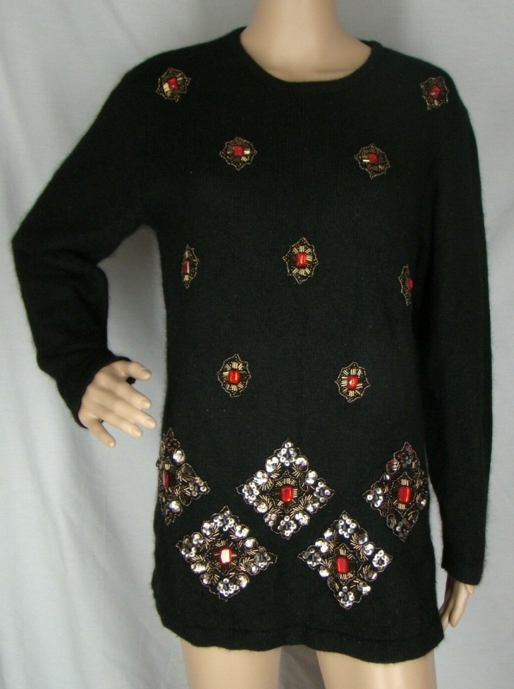 VINTAGE KAREN SCOTT Medium Jeweled Beaded Rabbit Hair Lambswool Sweater Black