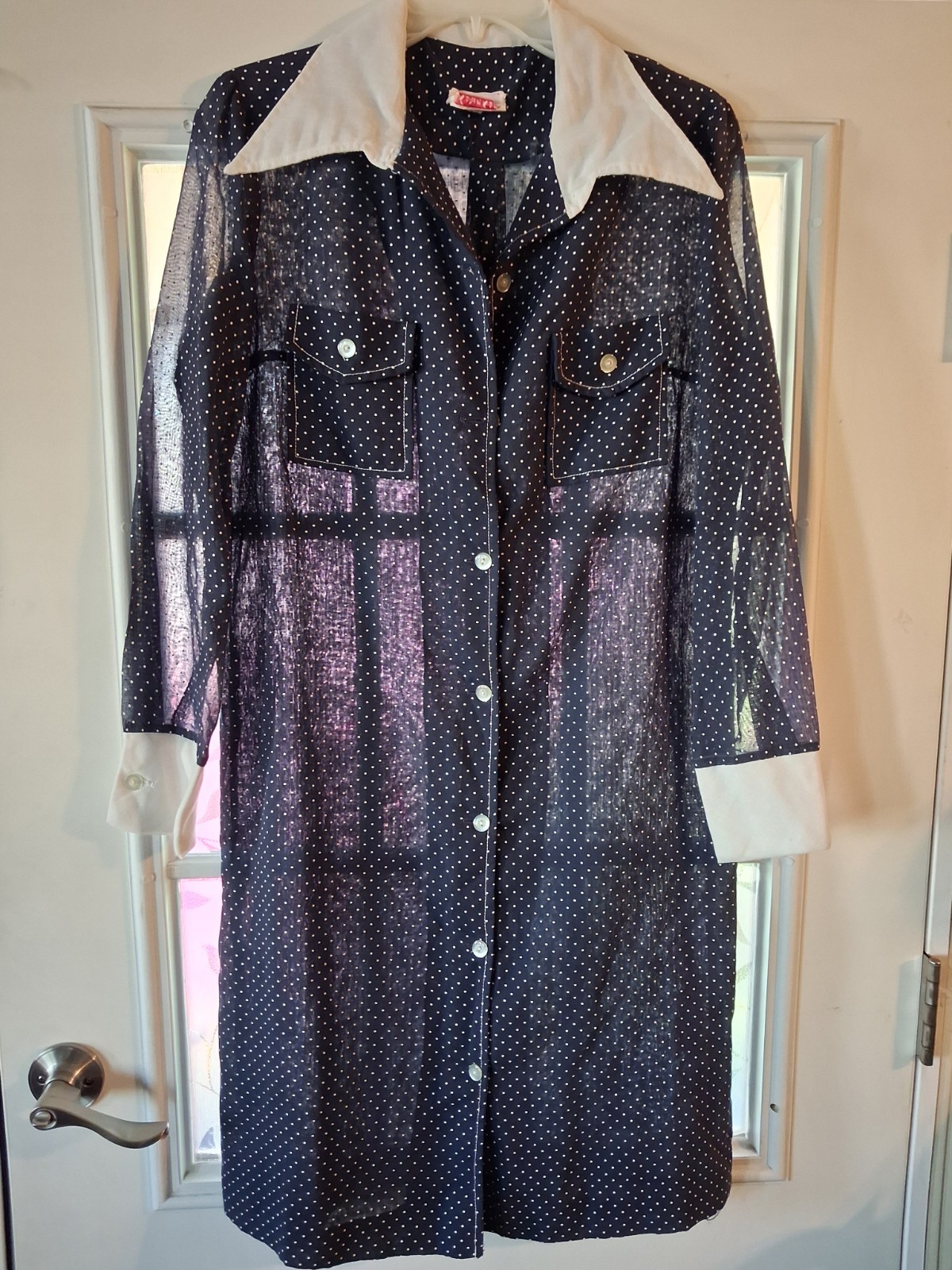 Vintage Dotted Swiss 70’s Cotton Dress Poiny Collar, Front Pockets, Navy Blue L